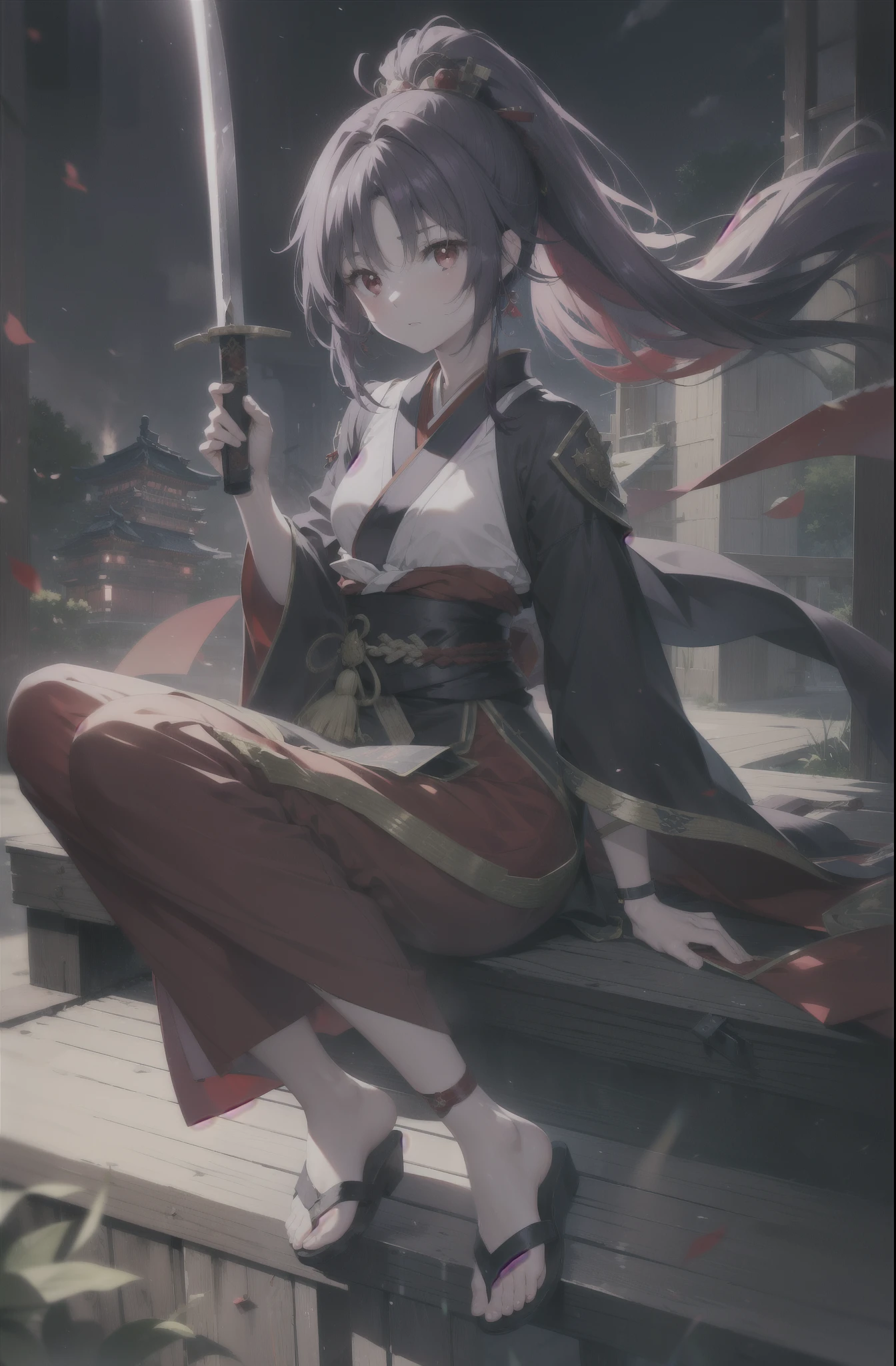 yuukikonno, Yuki Konno, hair band, long hair, pointed ears,ponytail, purple hair, (red eyes:1.5), (small breasts:1.2), open your mouth,red kimono,purple hakama,white foot bag,grass sandals,Japan sword 1:1 grip in hand,
break looking at viewer, Upper body, whole body,
break outdoors, medieval europe streets,
break (masterpiece:1.2), highest quality, High resolution, unity 8k wallpaper, (figure:0.8), (detailed and beautiful eyes:1.6), highly detailed face, perfect lighting, Very detailed CG, (perfect hands, perfect anatomy),