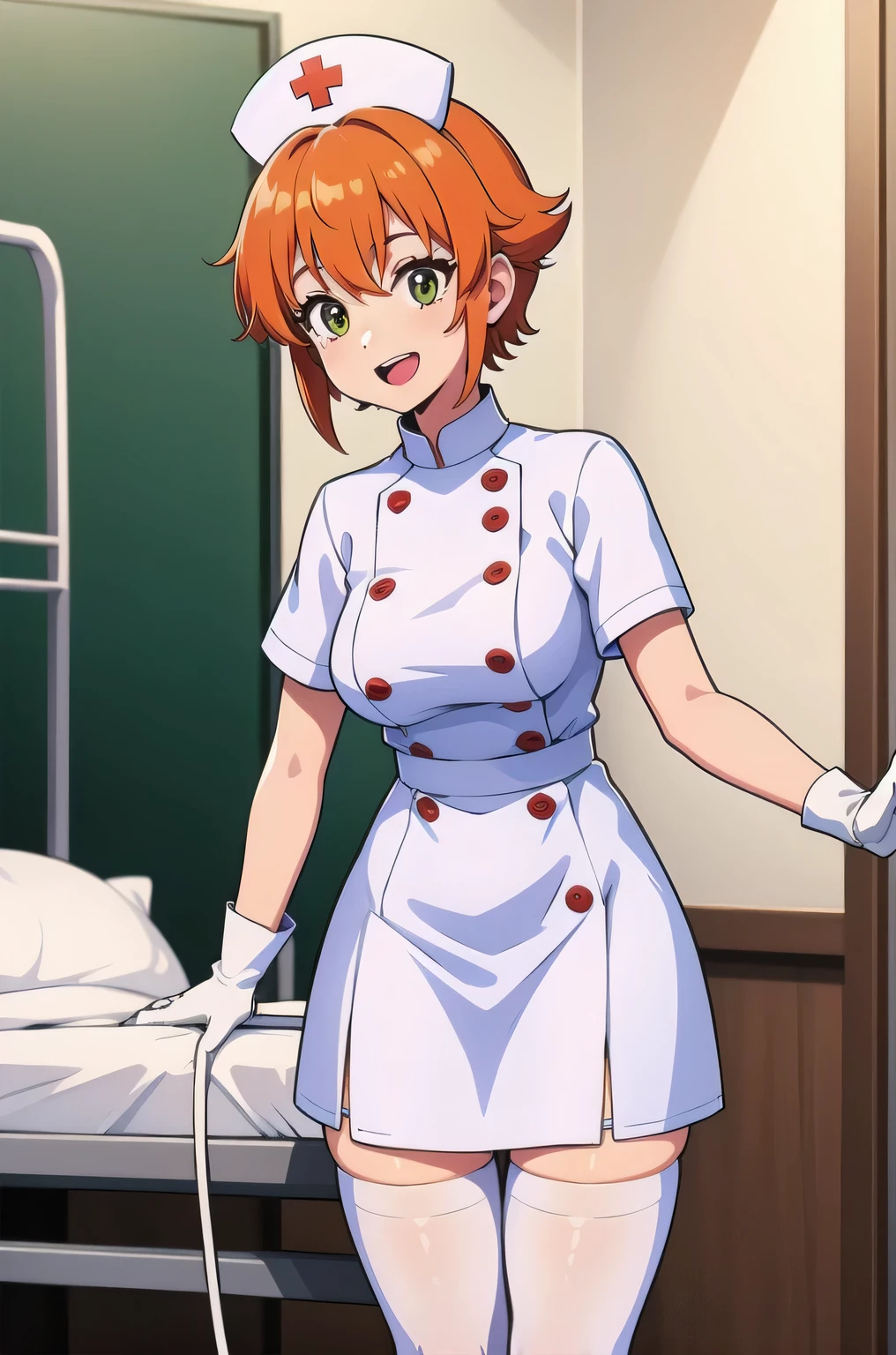 1girl, nurse, nurse cap, white nurse uniform, ((white legwear, zettai ryouiki)), white gloves, very short hair, orange hair, smile, open mouth, standing, ((hospital room)), sharp outline, short sleeves, tomboy, boyish, best quality, masterpiece