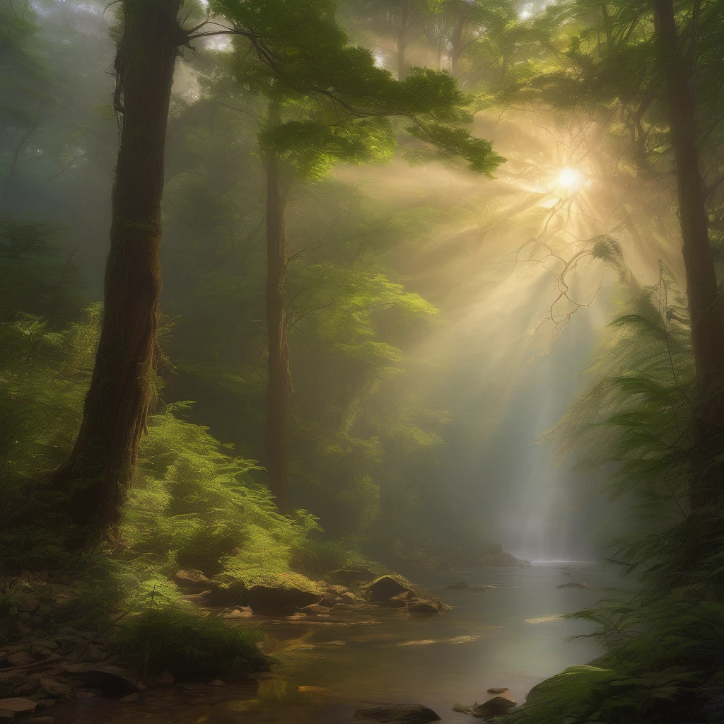 Tyndall Effect, aesthetic, extremely detailed, Tyndall effect on sunlight shining through a thick fog layer in a dense rainforest, digital matte painting by Asher Brown Durand and Frederic Edwin Church, extremely detailed brush strokes in oil on canvas in the Hudson River School style.
