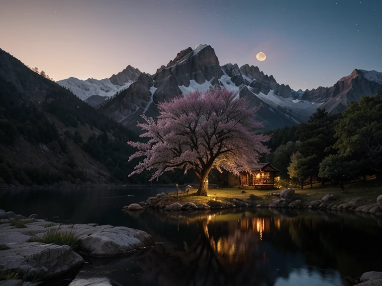 the ethereal beauty of a mystical landscape under the red moonlight. The scene should be illuminated by a large, radiant moon, casting its glow upon a twisted, yet majestic tree with blossoms that seem to sparkle in the night. The tree’s roots should be deeply embedded into rocky terrain, symbolizing its ancient existence. In the background, towering mountains loom, their peaks veiled in mist. A serene lake at the foot of the mountains reflects the moon’s luminescence. Incorporate elements that evoke a sense of magic and mystery.