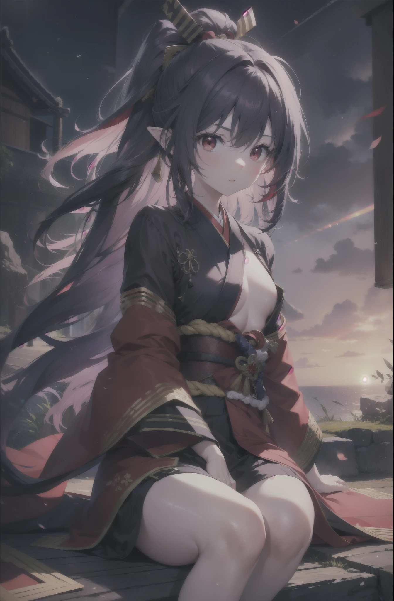 yuukikonno, Yuki Konno, hair band, long hair, pointed ears,ponytail, purple hair, (red eyes:1.5), (small breasts:1.2), open your mouth,red kimono,purple hakama,white foot bag,grass sandals,Japan sword 1:1 grip in hand,
break looking at viewer, Upper body, whole body,
break outdoors, medieval europe streets,
break (masterpiece:1.2), highest quality, High resolution, unity 8k wallpaper, (figure:0.8), (detailed and beautiful eyes:1.6), highly detailed face, perfect lighting, Very detailed CG, (perfect hands, perfect anatomy),