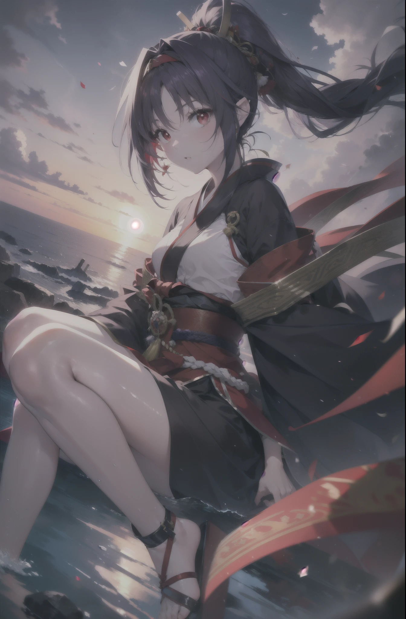 yuukikonno, Yuki Konno, hair band, long hair, pointed ears,ponytail, purple hair, (red eyes:1.5), (small breasts:1.2), open your mouth,red kimono,purple hakama,white foot bag,grass sandals,Japan sword 1:1 grip in hand,
break looking at viewer, Upper body, whole body,
break outdoors, medieval europe streets,
break (masterpiece:1.2), highest quality, High resolution, unity 8k wallpaper, (figure:0.8), (detailed and beautiful eyes:1.6), highly detailed face, perfect lighting, Very detailed CG, (perfect hands, perfect anatomy),