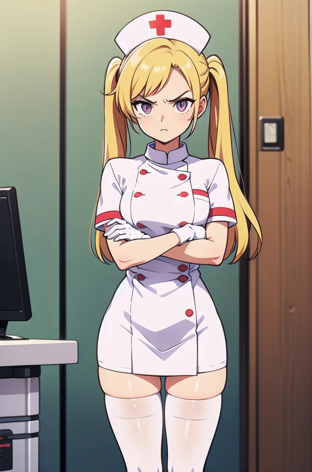 1girl, solo, nurse, nurse cap, white nurse uniform, ((white legwear, zettai ryouiki)), white gloves, twintails, yellow hair, purple eyes, angry, crossed arms, standing, ((hospital room)), sharp outline, short sleeves, best quality, masterpiece