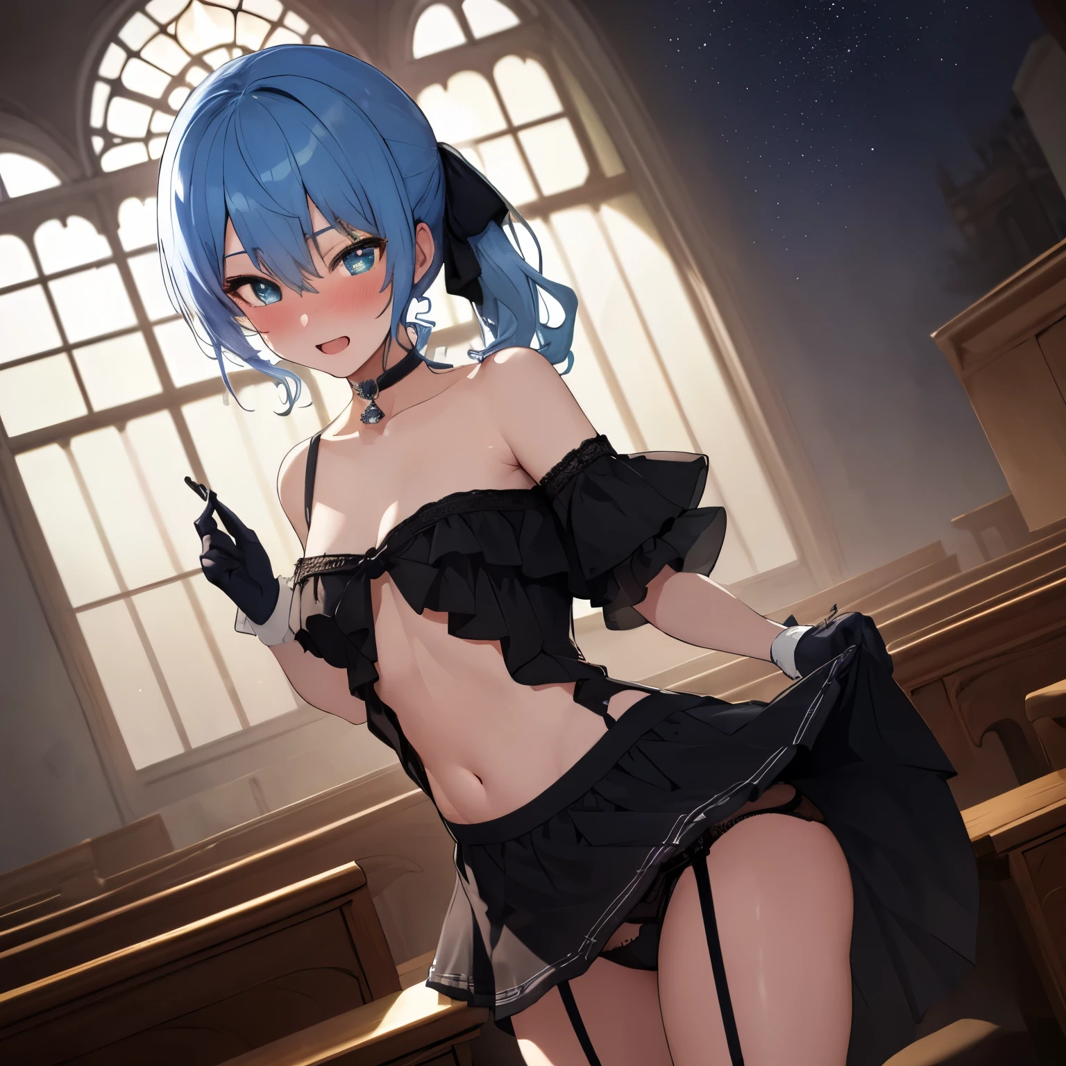 NSFW,Hoshimachi Suisei,blue eyes,blue hair,choker,hair between eyes,medium hair,side ponytail,スターchoker,small breastasterpiece:1.2), highest quality, High resolution,(detailed and beautiful eyes:1.6),(perfect hands, perfect anatomy),(((masterpiece))),((highest quality)),embarrassed face,blush,I&#39;m in heat,excited,whole body,off shoulder dress,ruffle skirt,garter belt,glove,Naughty panties,thin waist,stomach,cleavage,Flipping up her skirt to show her panties,Church at night illuminated by moonlight