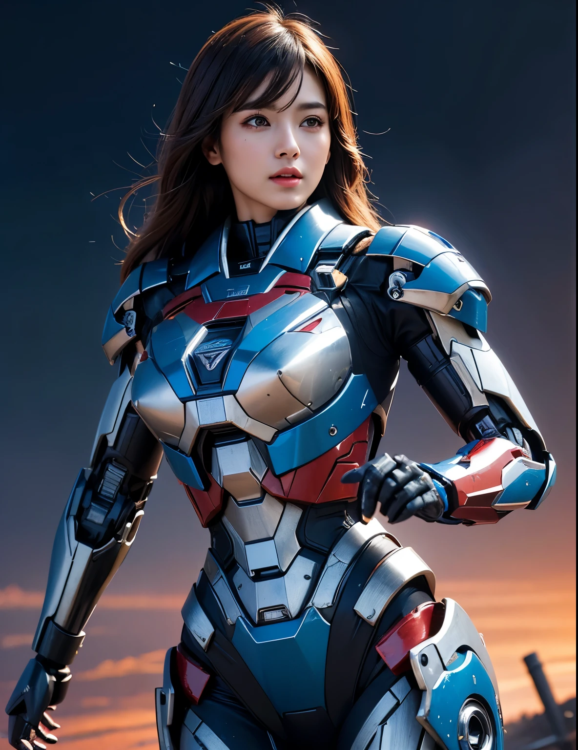  Super detailed, advanced details, high quality, 最high quality, High resolution, 1080p, hard disk, beautiful,(iron patriot),beautifulサイボーグ女性,Mecha cyborg girl,battle mode,Mecha body girl,She wears a futuristic iron patriot mech