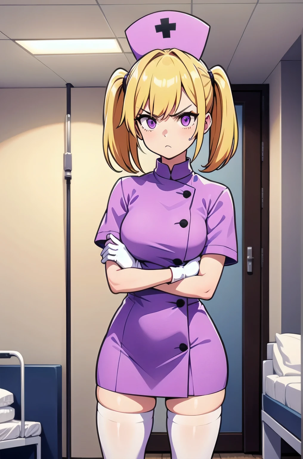 1girl, solo, nurse, nurse cap, white nurse uniform, ((white legwear, zettai ryouiki)), white gloves, twintails, yellow hair, purple eyes, angry, crossed arms, standing, ((hospital room)), sharp outline, short sleeves, best quality, masterpiece