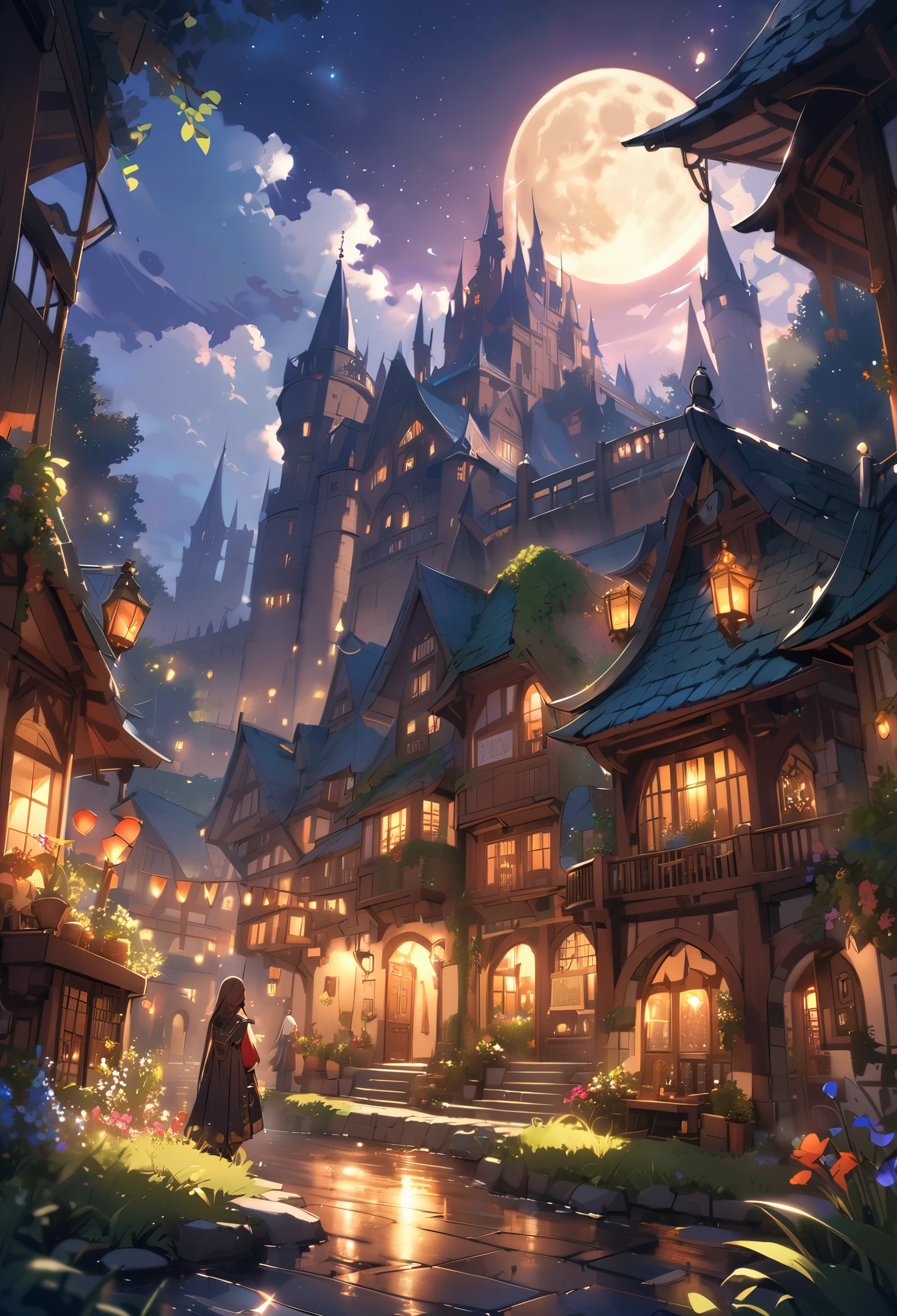 (backlit,nighttime:1.2),ruins of a castle,vibrant and colorful, cobblestone streets,moonlit cityscape,old-fashioned lanterns,enchanted atmosphere,humanoid creatures around,ethereal ambiance,unexpected sights at every corner,shadows dancing on the walls,attention to architectural details,elaborate street signs,foggy alleys,magical architecture,whimsical shop fronts,mystical symbols and sigils,enchanted market stalls,magical artifacts and potions,mysterious doorways leading to other realms,sparkling fairy dust,sparkling crystals,lush greenery growing from ancient stone walls,enchanted plants and flowers,haunting melodies carried by the wind,hidden portals to another dimension,medieval towers and spires,sparkling river running through the city,starlit sky reflected in the water,whispering trees,elven, dwarven, and human inhabitants coexisting,unique and fantastical creatures roaming freely,serenity and tranquility in the air.
