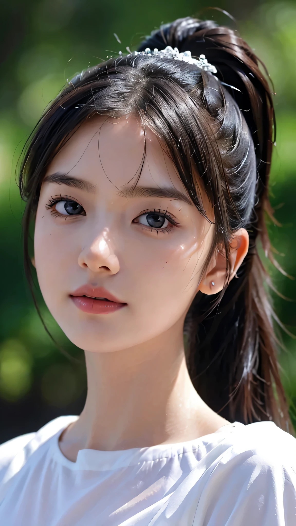 One woman,fully body photo,masutepiece, The highest image quality, High quality, the background is clear，Beautiful woman, Japanese, Detailed, Detailed eyes, Detailed skin, Beautiful skin, 超hight resolution, (reality: 1.4),Very beautiful woman, Slightly younger face, Beautiful skin, slender, (Ultra photo realsisim), (hight resolution), (8K), (Very detailed) (beautifully detailed eyes), (super detailed),   (Detailed face), view the viewer, Fine details, Detailed face, Staring straight ahead, Staring straight ahead, photos realistic, Bright lighting, Professional Lighting, Black hair,poneyTail,a baby face,sixteen years old,Hairstyle is ponytail,long ponytail hairstyle,slight smile,cute clothes、girly clothes