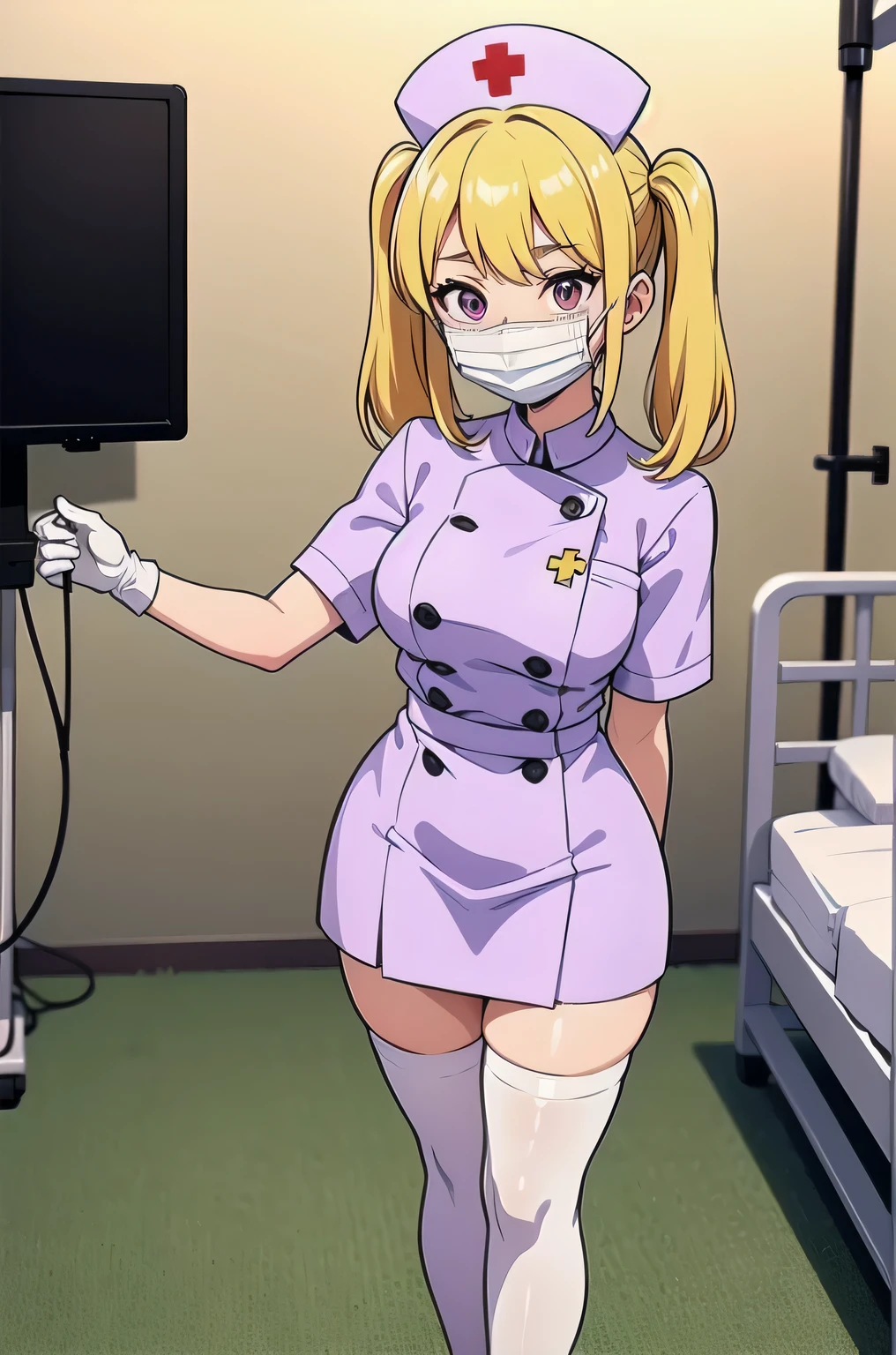 1girl, solo, nurse, nurse cap, white nurse uniform, ((white legwear, zettai ryouiki)), white gloves, twintails, yellow hair, purple eyes, ((white surgical mask, covered nose)), standing, ((hospital room)), sharp outline, short sleeves, best quality, masterpiece