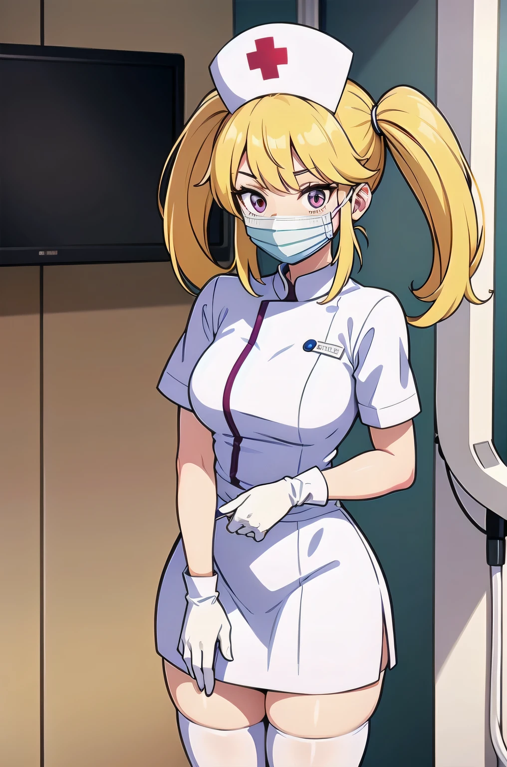 1woman, solo, nurse, white nurse cap, white nurse uniform, ((white legwear, zettai ryouiki)), white gloves, blonde hair, blue eyes, ((white surgical mask, covered nose)), standing, ((hospital room)), sharp outline, short sleeves, mature female, 35 years old, best quality, masterpiece