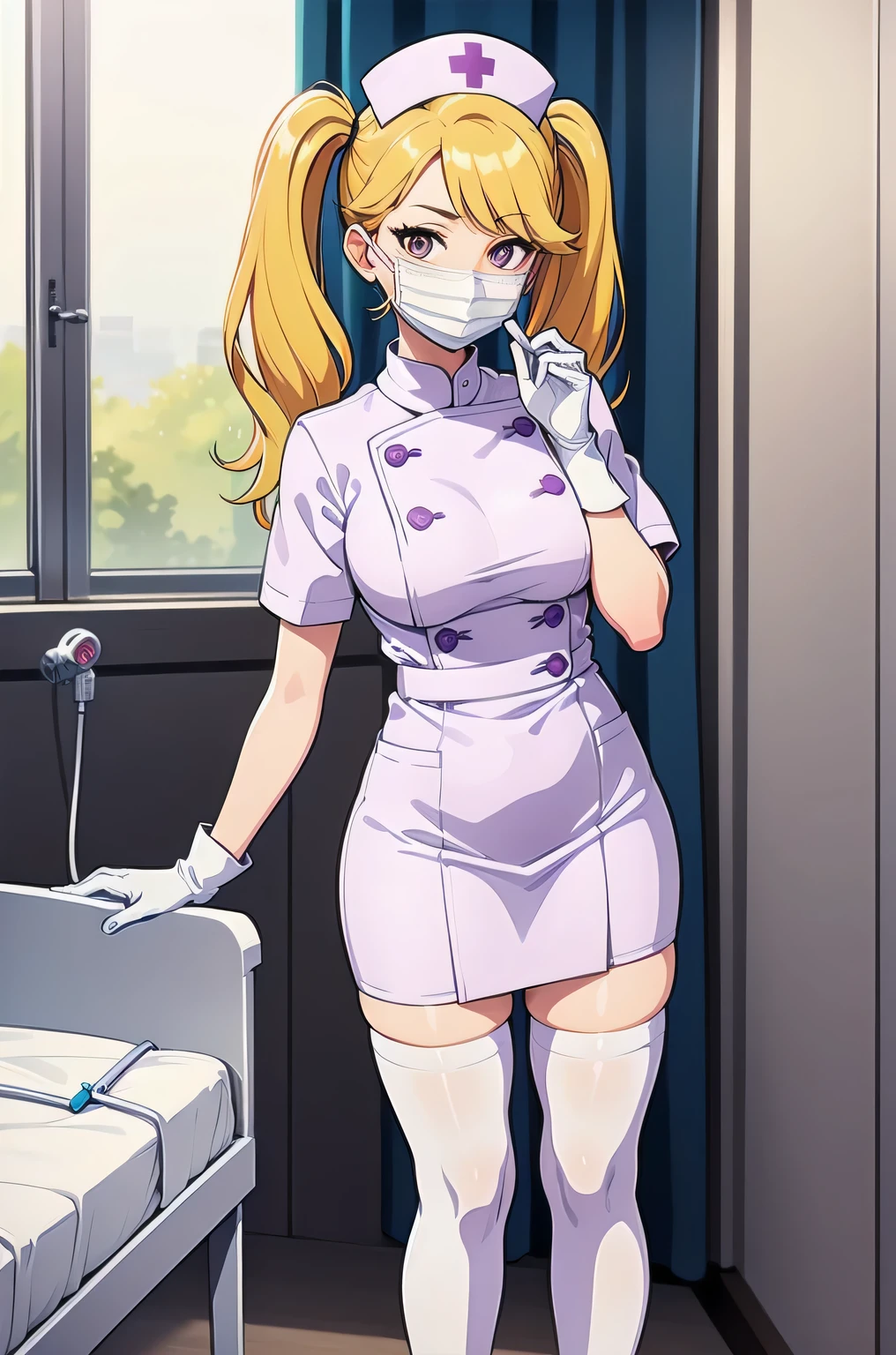 1girl, solo, nurse, nurse cap, white nurse uniform, ((white legwear, zettai ryouiki)), white gloves, twintails, yellow hair, purple eyes, ((white surgical mask, covered nose)), standing, ((hospital room)), sharp outline, short sleeves, best quality, masterpiece