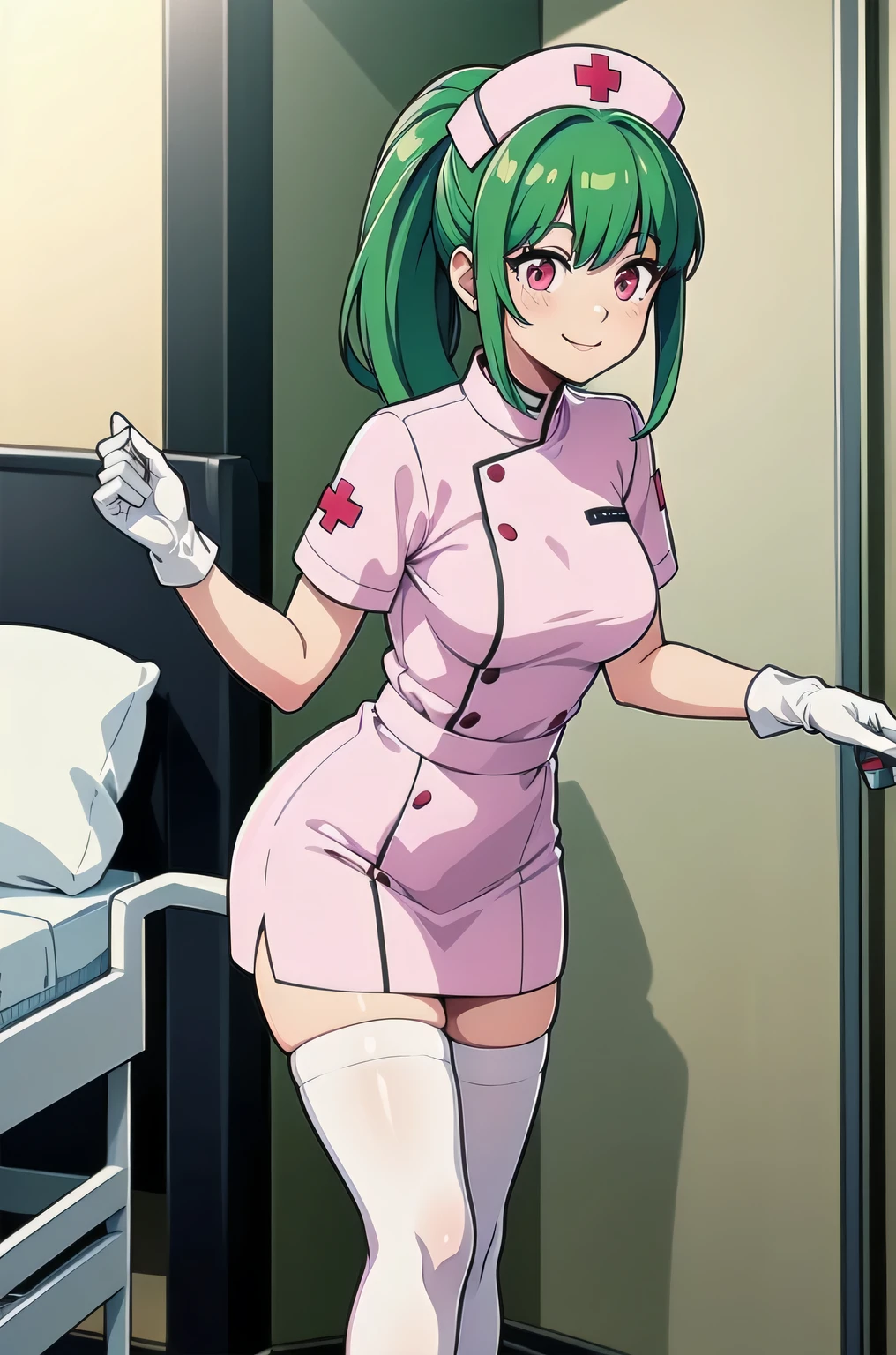 1girl, solo, nurse, nurse cap, white nurse uniform, ((white legwear, zettai ryouiki)), white gloves, ponytail, green hair, pink eyes, smile, standing, ((hospital room)), sharp outline, short sleeves, best quality, masterpiece