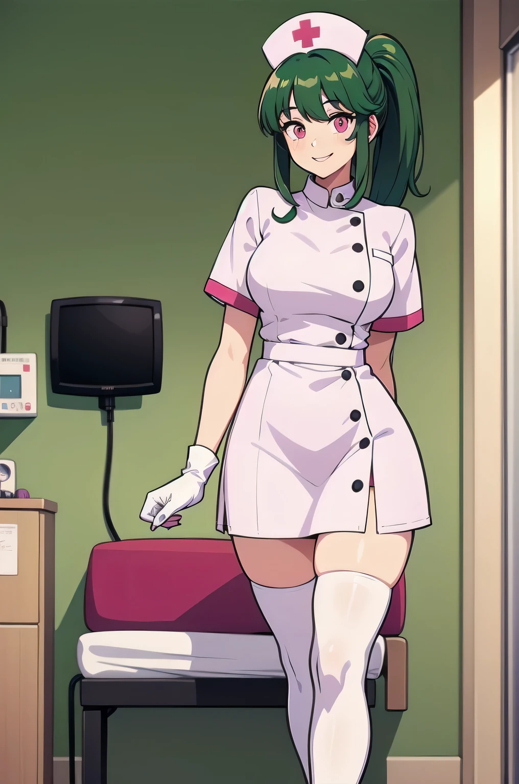 1girl, solo, nurse, nurse cap, white nurse uniform, ((white legwear, zettai ryouiki)), white gloves, ponytail, green hair, pink eyes, smile, standing, ((hospital room)), sharp outline, short sleeves, best quality, masterpiece