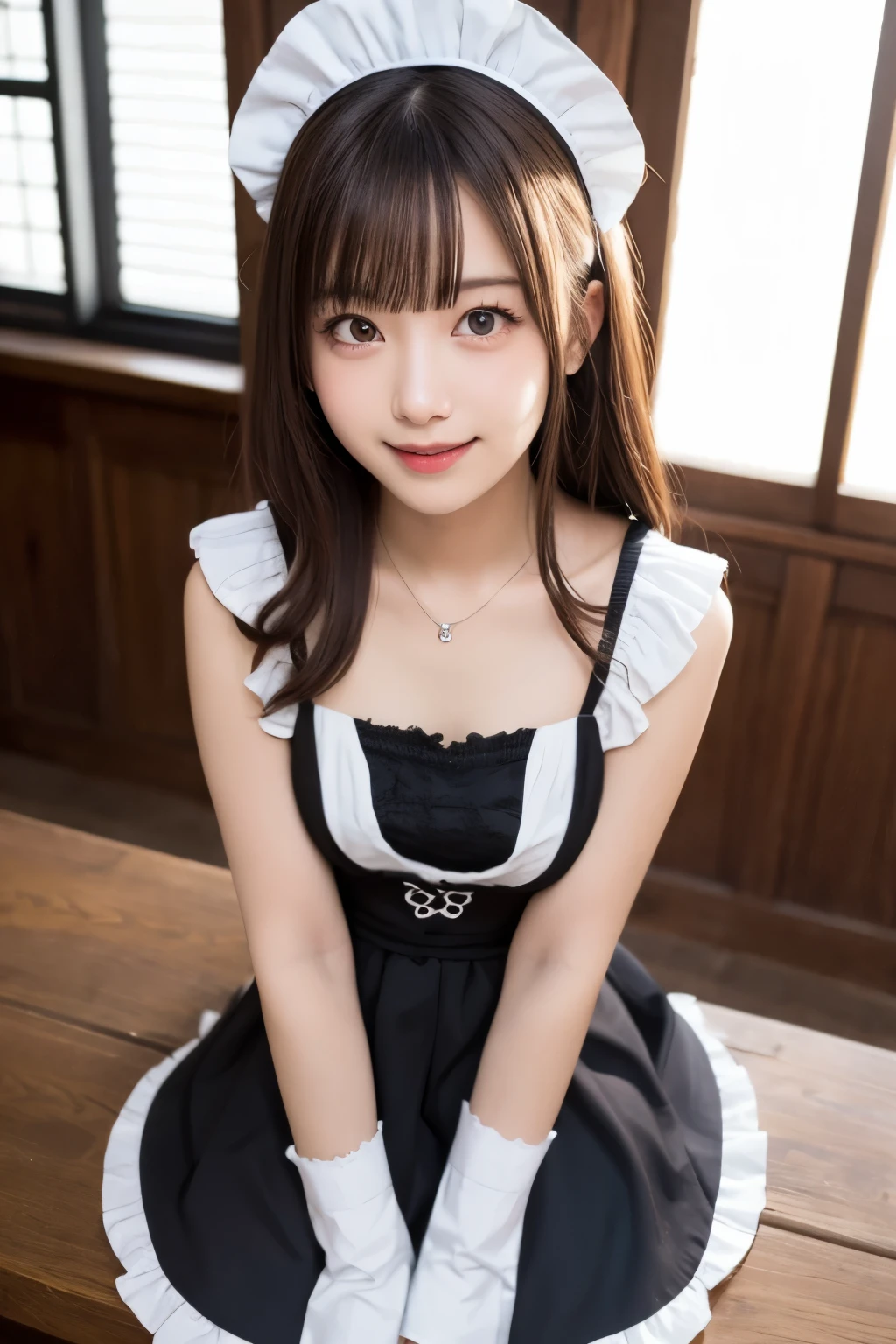 table top, highest quality, one girl, (beautiful girl:1.3), (16 years old:1.2), extremely fine-grained clarity, (symmetrical eyes:1.3), (maid costume, Cute Maid, Moe maid:1.2), beautiful breasts, brown eyes, parted bangs, brown hair、smile