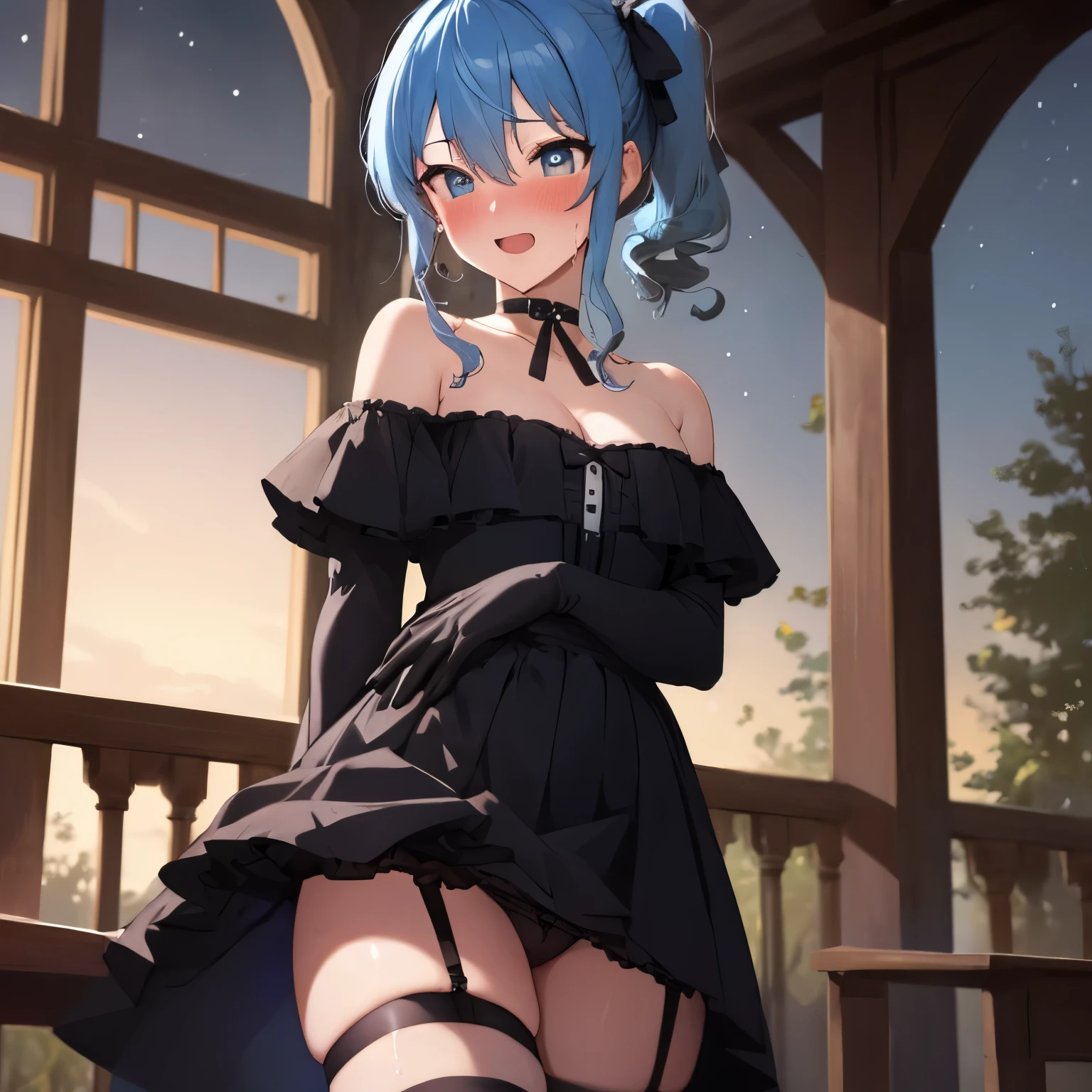 NSFW,Hoshimachi Suisei,blue eyes,blue hair,choker,hair between eyes,medium hair,side ponytail,スターchoker,small breastasterpiece:1.2), highest quality, High resolution,(detailed and beautiful eyes:1.6),(perfect hands, perfect anatomy),(((masterpiece))),((highest quality)),embarrassed face,blush,I'm in heat,excited,whole body,off shoulder dress,ruffle skirt,garter belt,glove,Naughty panties,thin waist,stomach,cleavage,Flipping up her skirt to show her panties,wet,Church at night illuminated by moonlight