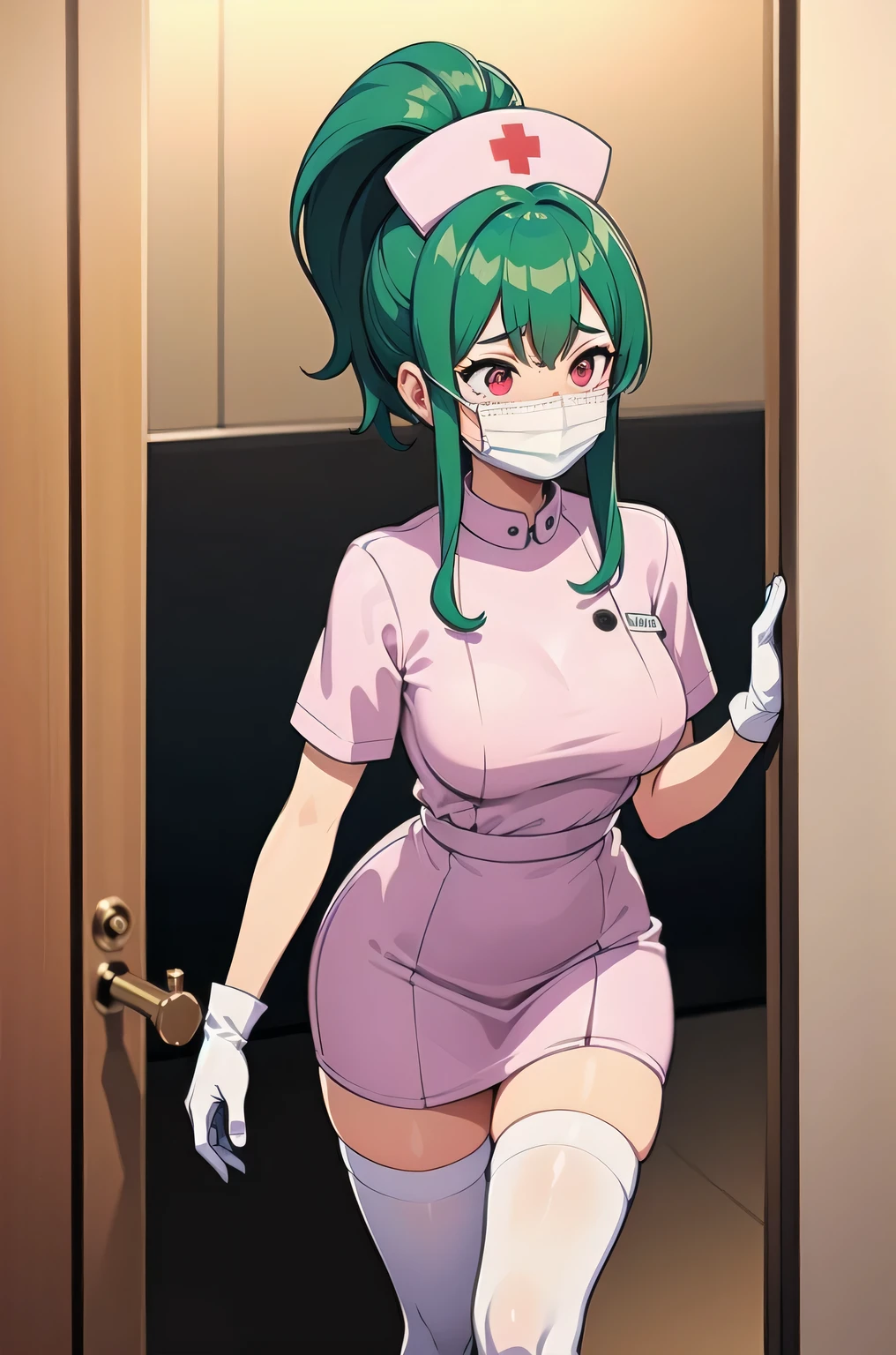 1girl, solo, nurse, nurse cap, white nurse uniform, ((white legwear, zettai ryouiki)), white gloves, ponytail, green hair, pink eyes, ((white surgical mask, covered nose)), standing, ((hospital room)), sharp outline, short sleeves, best quality, masterpiece