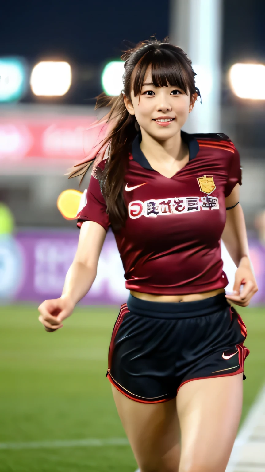 (realistic, photo-realistic:1.4), (extremely detailed 8k wallpaper), bokeh, detailed beautiful eyes and skin, (Image from thighs to head:1.3), (Japanese idol:1.3), 25yo, beautiful woman, smile, (large breast:1.3), full body, 
Maroon soccer jersey, black shorts, soccer cleats, Intense focus, Evening match, Soccer field under floodlights,