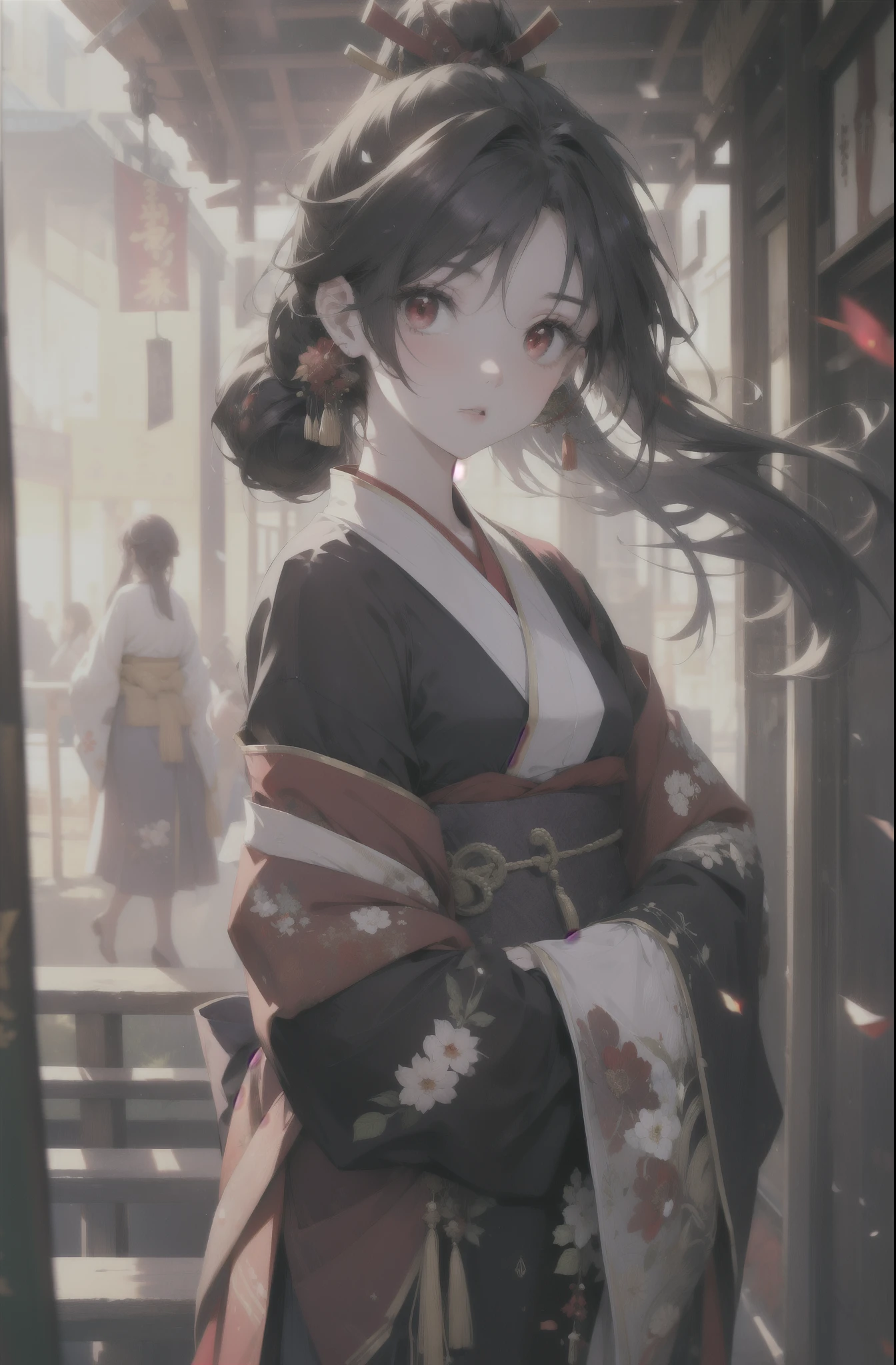 yuukikonno, Yuki Konno, hair band, long hair, pointed ears,ponytail, purple hair, (red eyes:1.5), (small breasts:1.2), open your mouth,red kimono,purple hakama,white foot bag,grass sandals,Japan sword 1:1 grip in hand,
break looking at viewer, Upper body, whole body,
break outdoors, medieval europe streets,
break (masterpiece:1.2), highest quality, High resolution, unity 8k wallpaper, (figure:0.8), (detailed and beautiful eyes:1.6), highly detailed face, perfect lighting, Very detailed CG, (perfect hands, perfect anatomy),