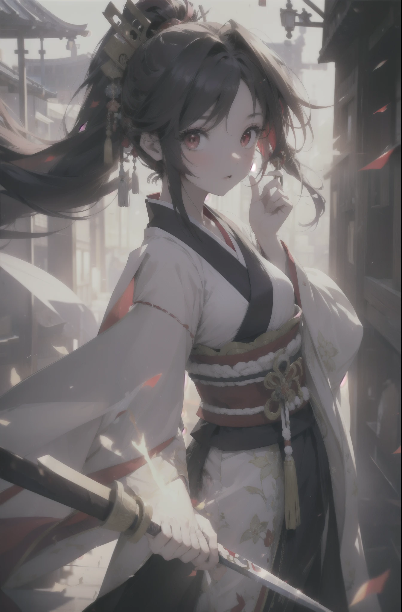yuukikonno, Yuki Konno, hair band, long hair, pointed ears,ponytail, purple hair, (red eyes:1.5), (small breasts:1.2), open your mouth,red kimono,purple hakama,white foot bag,grass sandals,Japan sword 1:1 grip in hand,
break looking at viewer, Upper body, whole body,
break outdoors, medieval europe streets,
break (masterpiece:1.2), highest quality, High resolution, unity 8k wallpaper, (figure:0.8), (detailed and beautiful eyes:1.6), highly detailed face, perfect lighting, Very detailed CG, (perfect hands, perfect anatomy),