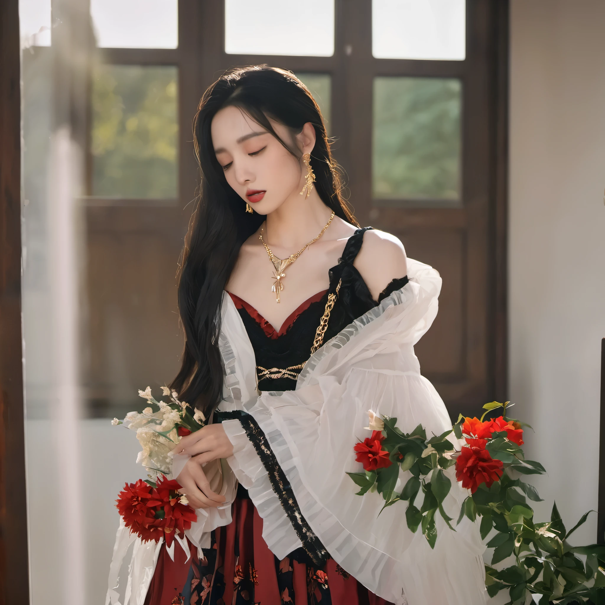 1 girl, jewelry, solo, earrings, long hair, forehead markings, black hair, necklace, bare shoulders, flowers, red lips, hair flowers, cowboy shot, skirt, off shoulder, facial markings, head down, makeup, lips, candles, collarbones, long sleeves, tears streaming down, crying, Tyndall effect, 8k, large aperture, masterpiece of the century, sit, maple leaf, doorway, corridor, Sun on face, (\meng ze\)
