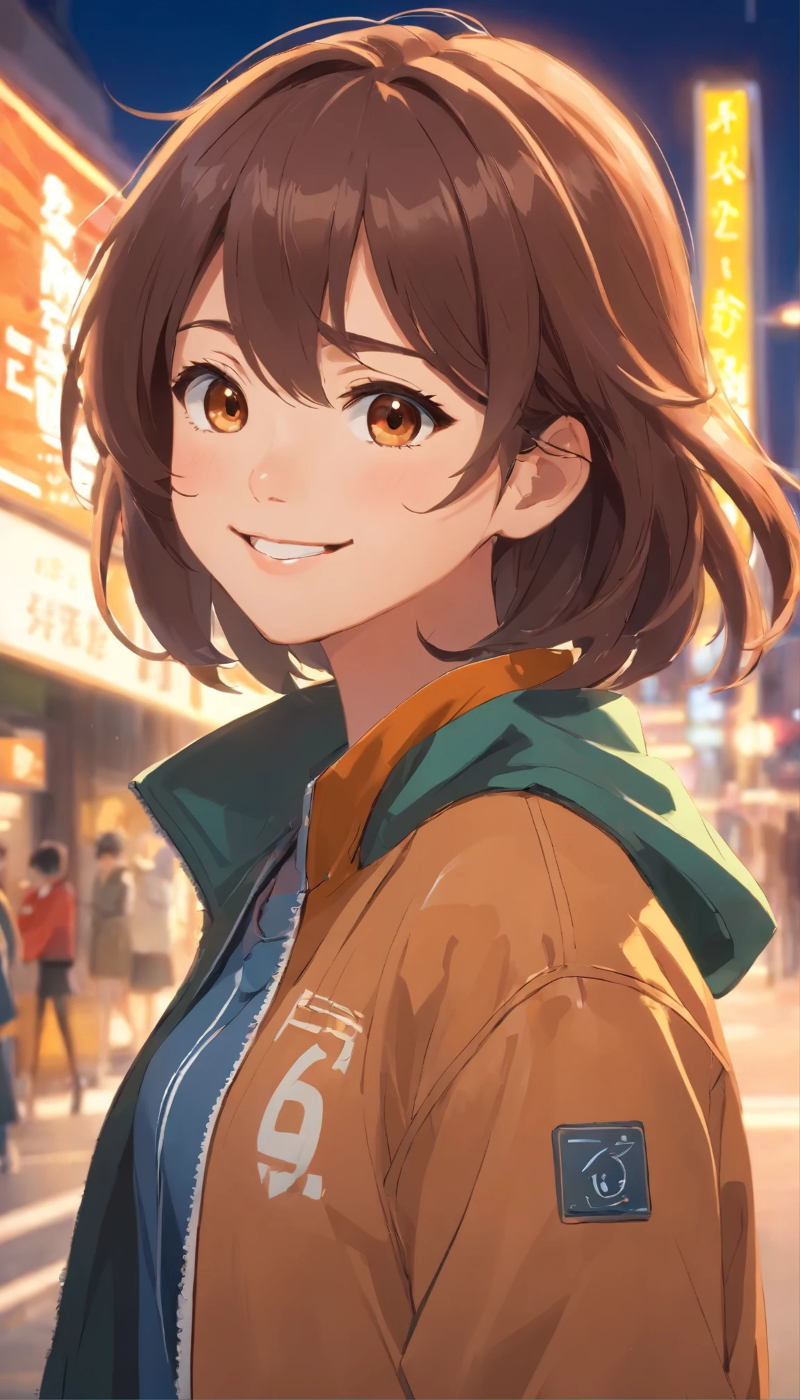 A beautiful and cute girl, smile on face, wearing jacket, decent look, handsome female, attitude, beautiful brown eyes, brown hair, cool style, 16y, detailed face, 8k, 9:16 ratio, 16y