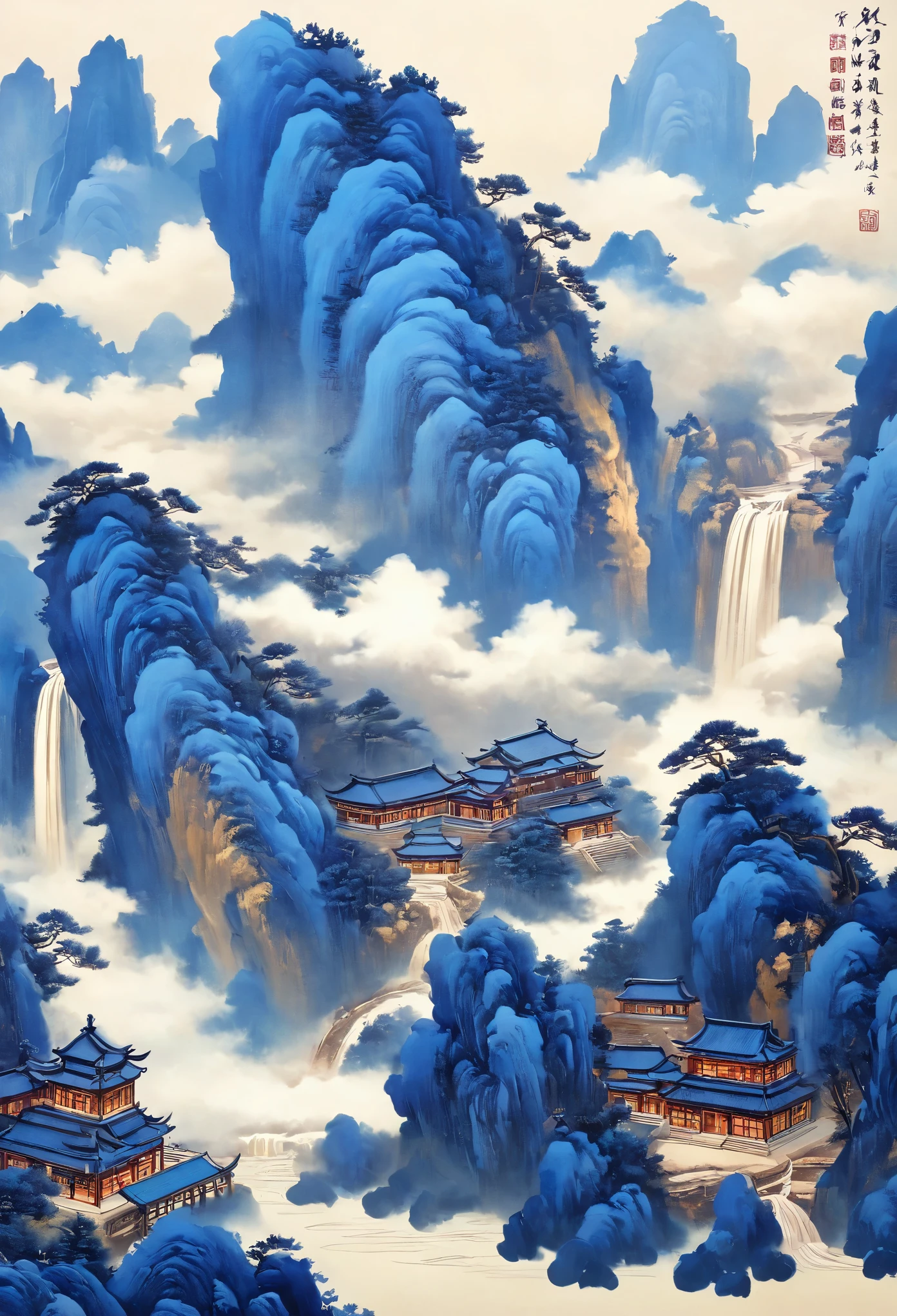 a landscape painting，meticulous painting，Inspired by a thousand miles of rivers and mountains，Fuchun Mountain House Map，Expression techniques of cirrus clouds，flat illustration，traditional Chinese painting，Chinese landscape painting，ancient chinese architecture，cloud，vertical waterfall on cliff，Vigorous pine trees，fall，Takayama，black，mineral pigments，Ultramarine blue，Tracing gold，Clear outline，sketched，Dry drawing method