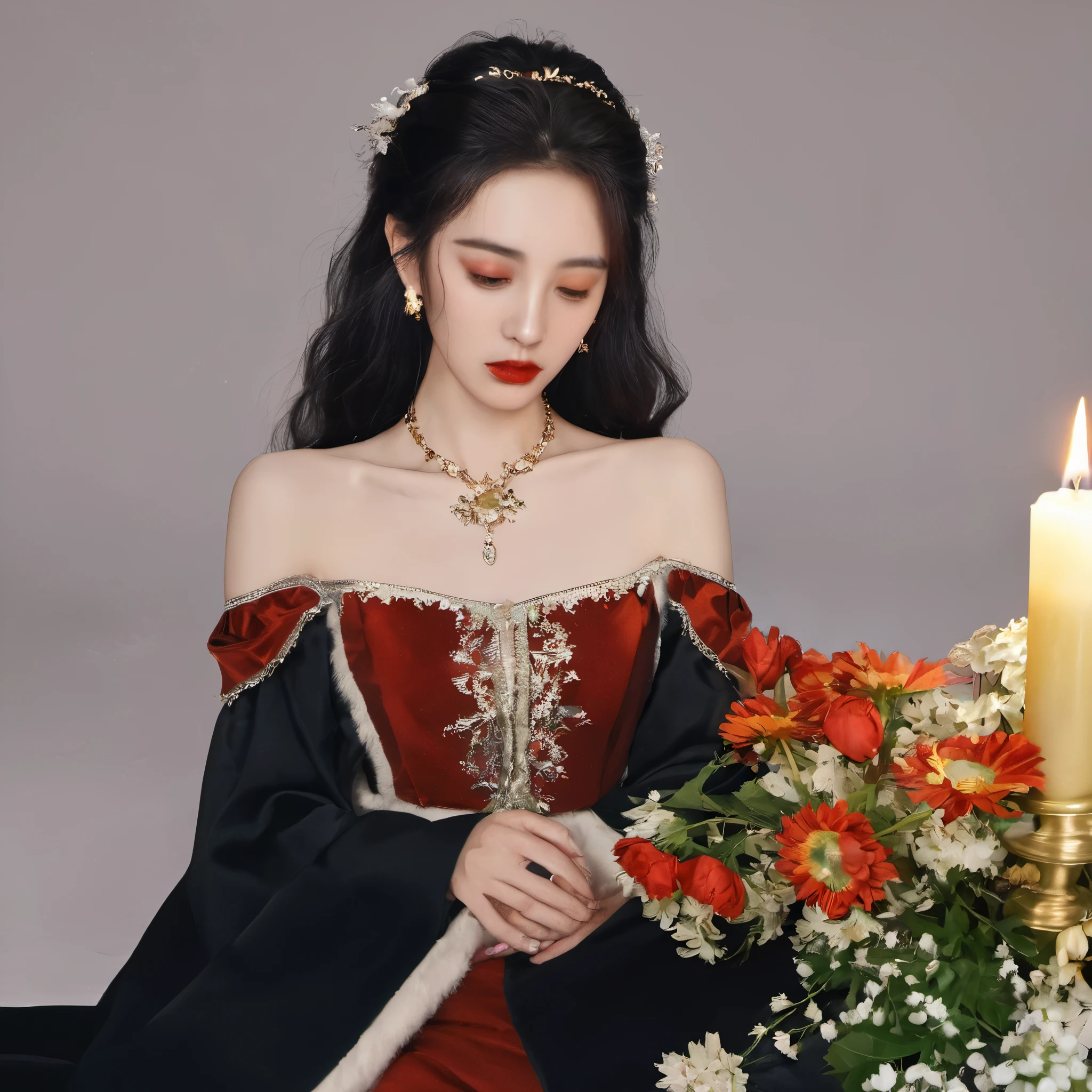 1 girl, jewelry, solo, earrings, long hair, forehead markings, black hair, necklace, bare shoulders, flowers, red lips, hair flowers, cowboy shot, skirt, off shoulder, facial markings, head down, makeup, lips, candles, collarbones, long sleeves, tears streaming down, crying, Tyndall effect, 8k, large aperture, masterpiece of the century, sit, maple leaf, doorway, corridor, Sun on face, (\meng ze\)
