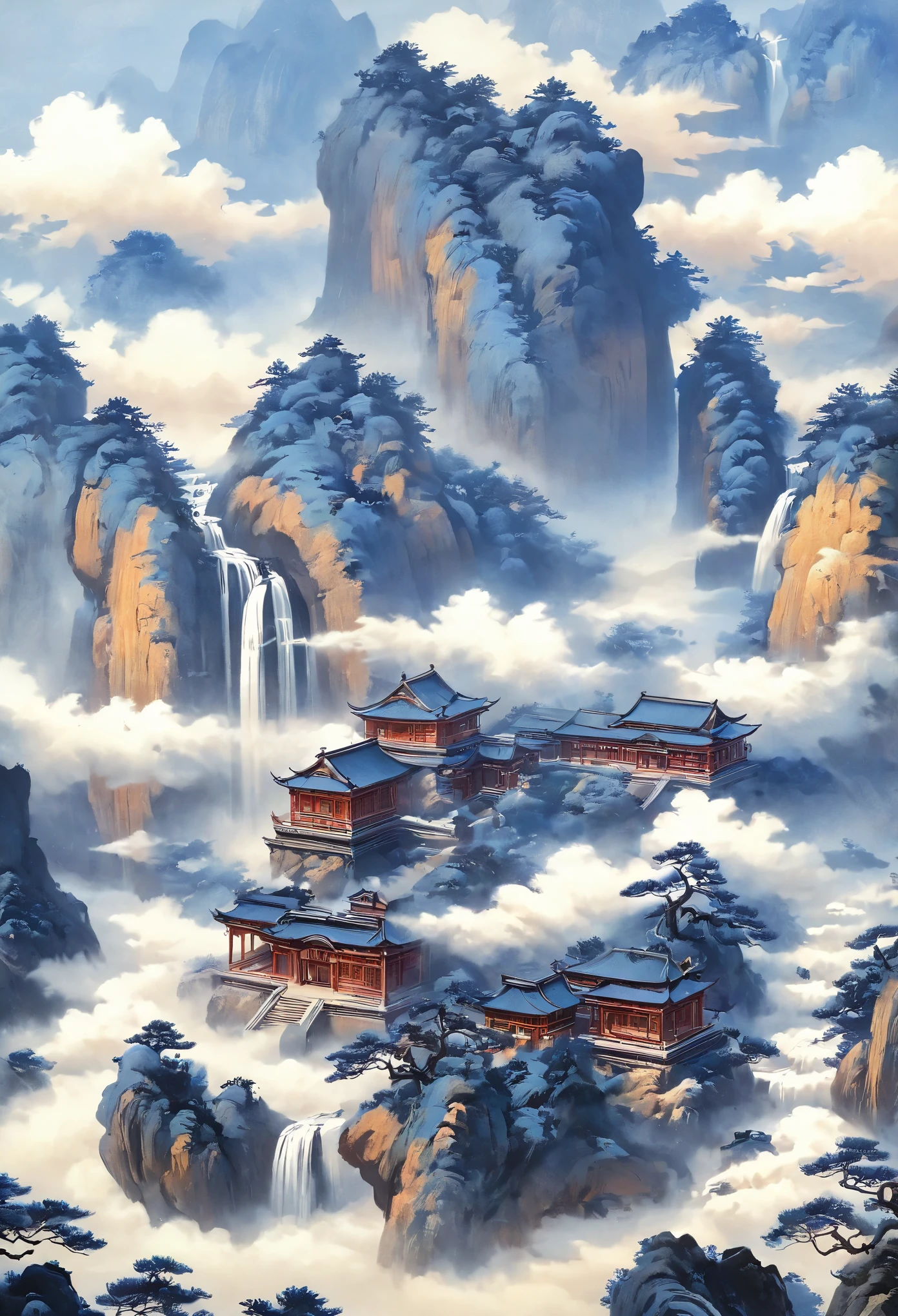 a landscape painting，meticulous painting，Inspired by a thousand miles of rivers and mountains，Fuchun Mountain House Map，Expression techniques of cirrus clouds，flat illustration，traditional Chinese painting，Chinese landscape painting，ancient chinese architecture，cloud，vertical waterfall on cliff，Vigorous pine trees，fall，wonderland，dangerous situation，Takayama，black，mineral pigments，Ultramarine blue，Tracing gold，Clear outline，sketched，Dry drawing method