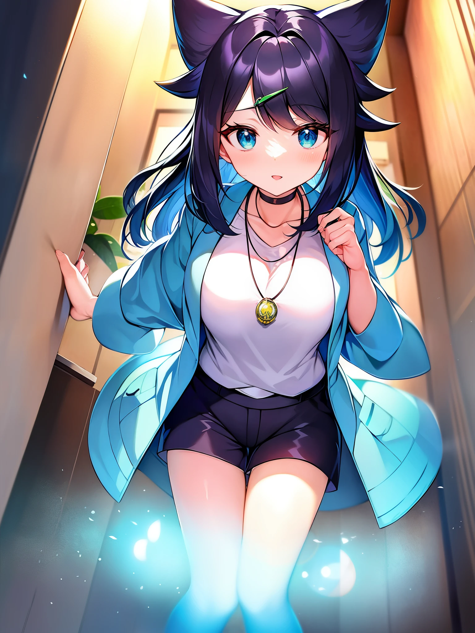 Pokémon、Rico、big tits milf、big tits milf、With light blue eyes and semi-long black hair、blue hair、Jacket、white shirt、open clothes、shorts、Inner color that the back of the hair clip is blue。L-shaped green hair ornament、私服は肘までの水色のJacketを白いシャツの上に羽織り、She wears black shorts and high socks with light blue edges.。Sekiei Gakuen、mysterious pendant around the neck、A secretive and cautious girl。Nyaoha, a grass cat type, is your partner.、