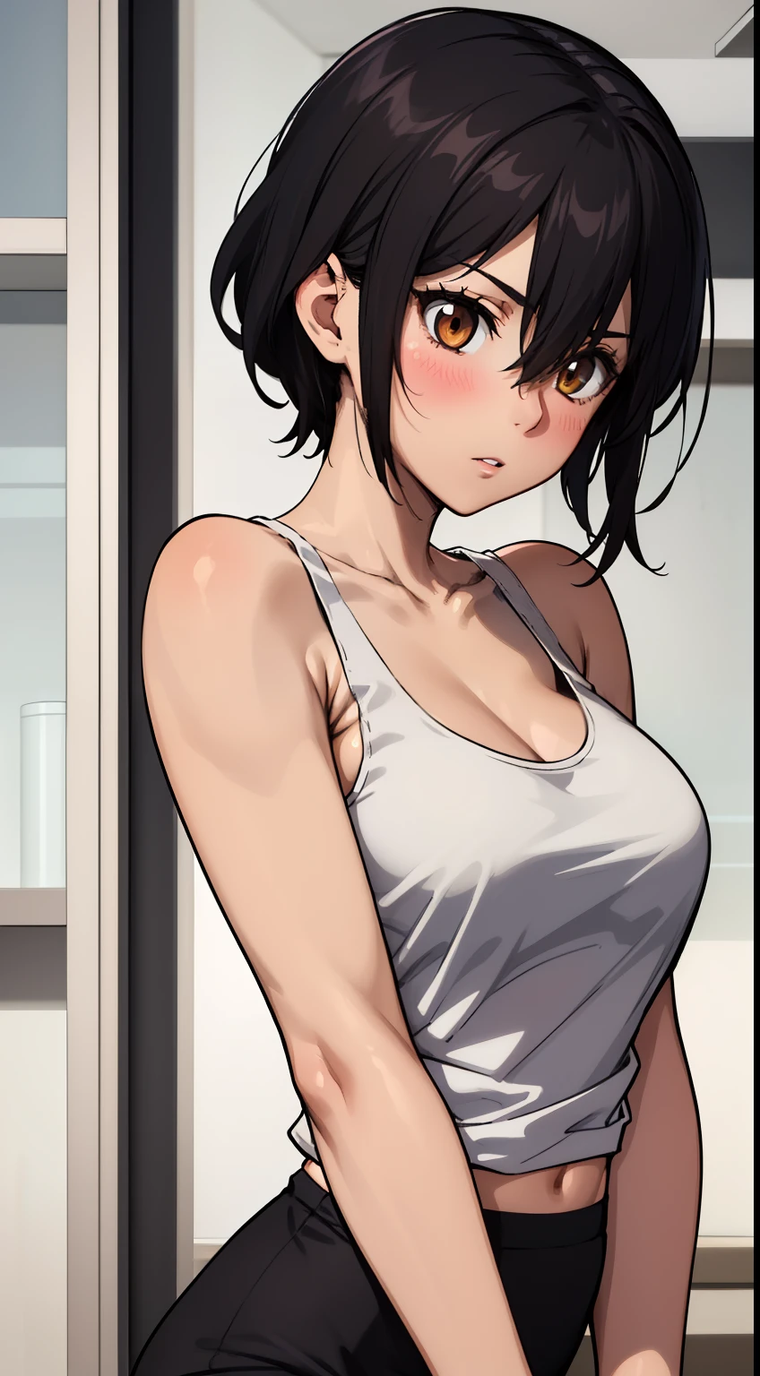 masterpiece, best quality, 1 girl, himeragi yukina, brown eyes, black hair, hair between eyes, medium hair, (healthy skin) , (((white and short  tank top))), medium hair, (((in the lab))) ,(( breasts:0.8 )),weak unhealthy ,((very thin)) shy,