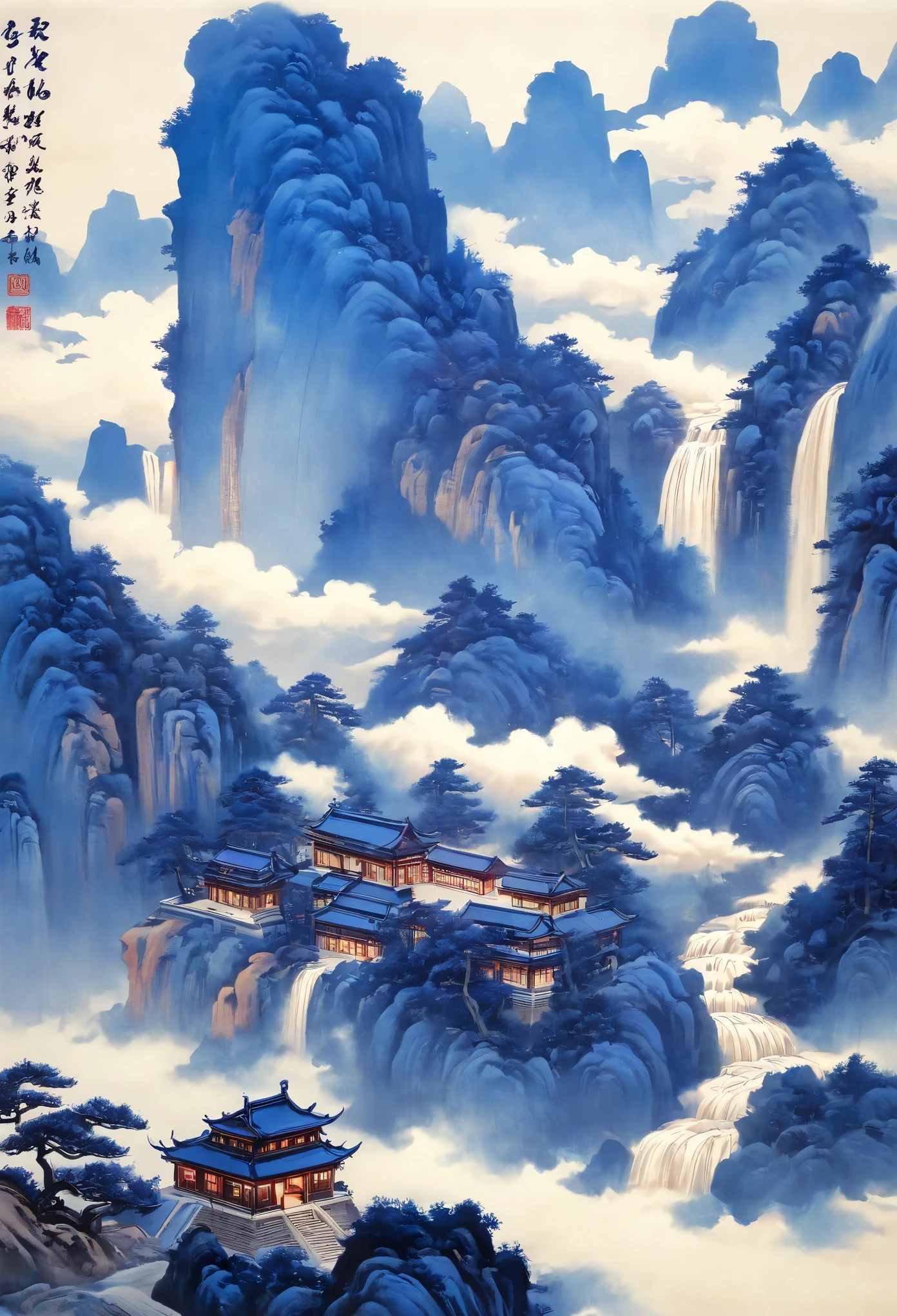 a landscape painting，meticulous painting，Inspired by a thousand miles of rivers and mountains，Fuchun Mountain House Map，Expression techniques of cirrus clouds，flat illustration，traditional Chinese painting，Chinese landscape painting，ancient chinese architecture，cloud，vertical waterfall on cliff，Vigorous pine trees，fall，Takayama，black，mineral pigments，Ultramarine blue，Tracing gold，Clear outline，sketched，Dry drawing method