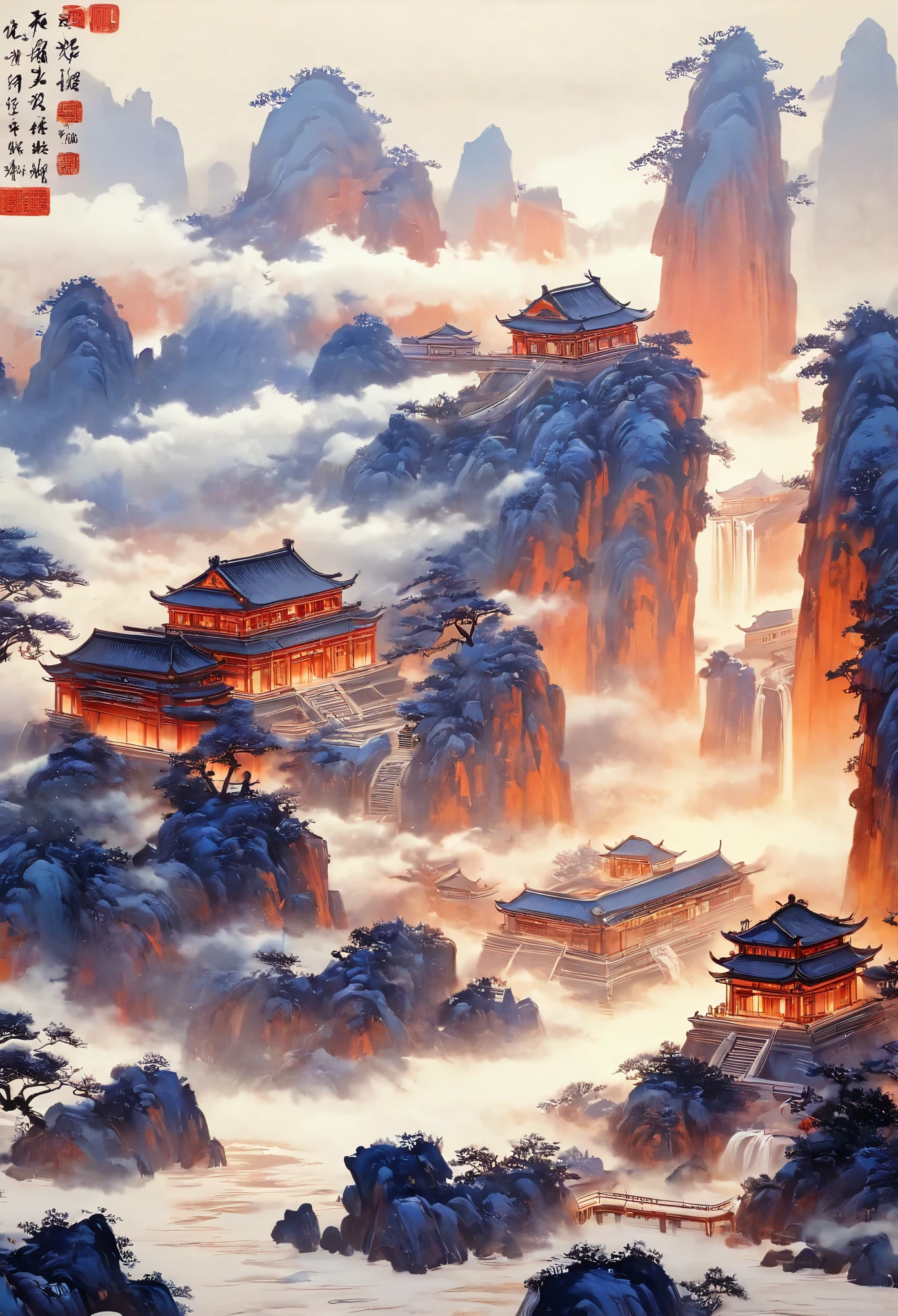 A majestic landscape painting，meticulous painting，Inspired by a thousand miles of rivers and mountains，Fuchun Mountain House Map，Expression techniques of cirrus clouds，flat illustration，traditional Chinese painting，Chinese landscape painting，Ancient Chinese buildings，cloud，vertical waterfall on cliff，Vigorous pine trees，fall，Takayama，black：137，mineral pigments，Ultramarine blue，Tracing gold，Clear outline，sketched，Dry drawing method.Chinese landscape painting, landscape artistic conception, Zen aesthetics, Zen composition, Chinese ancient architectural complex, Chinese Forbidden City, peach trees, snow scenery, Chinese classical painting style, orange and vermilion, clouds and mist, majestic mountains, forests, waterfalls, looking up, rich lighting, minimalism, ultimate details, unparalleled details, movie special effects, realism, brushstrokes, fine details,Gongbi Shanshui