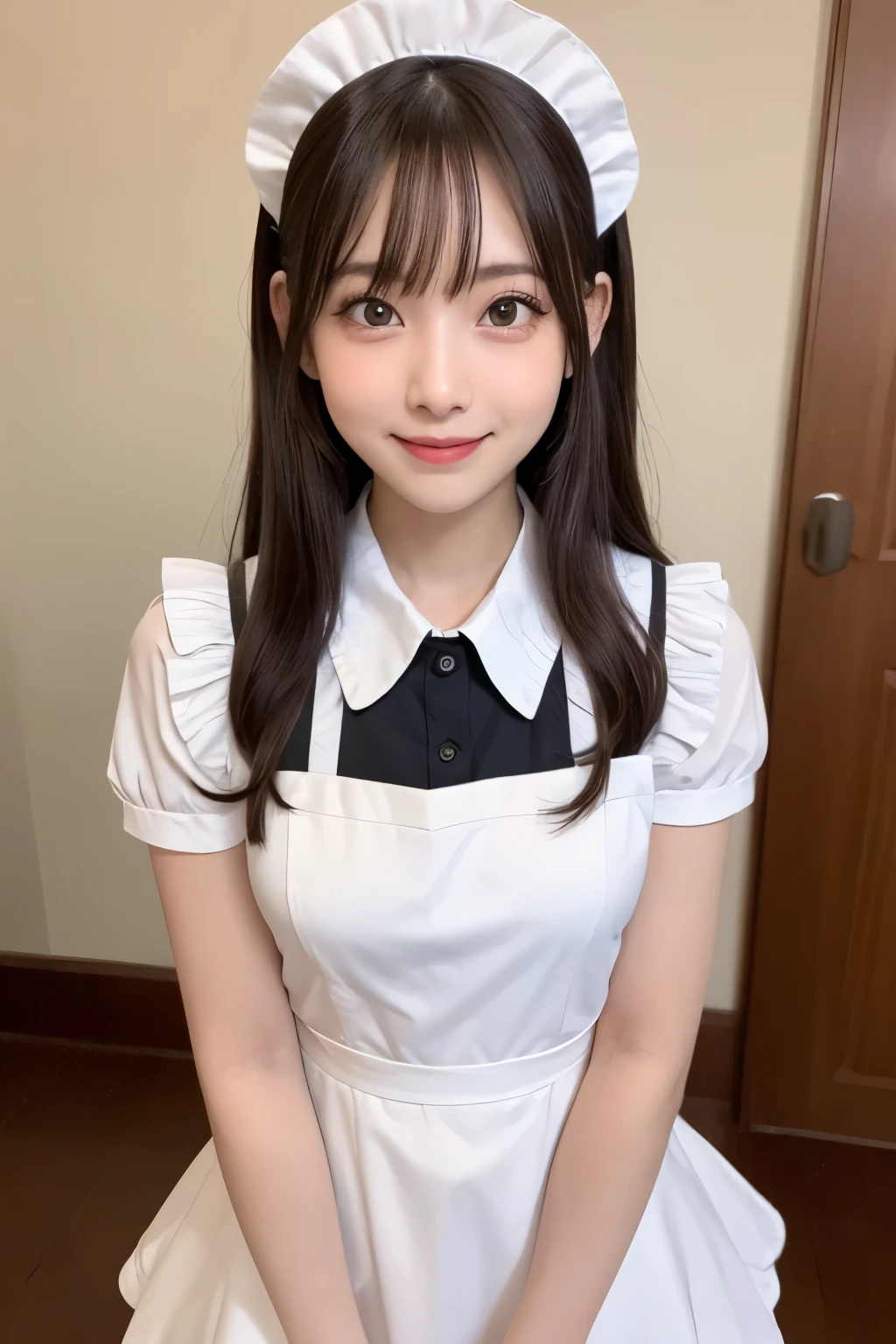 table top, highest quality, one girl, (beautiful girl:1.3), (16 years old:1.2), extremely fine-grained clarity, (symmetrical eyes:1.3), (maid costume, Cute Maid, Moe maid:1.2), beautiful breasts, brown eyes, parted bangs, brown hair、smile