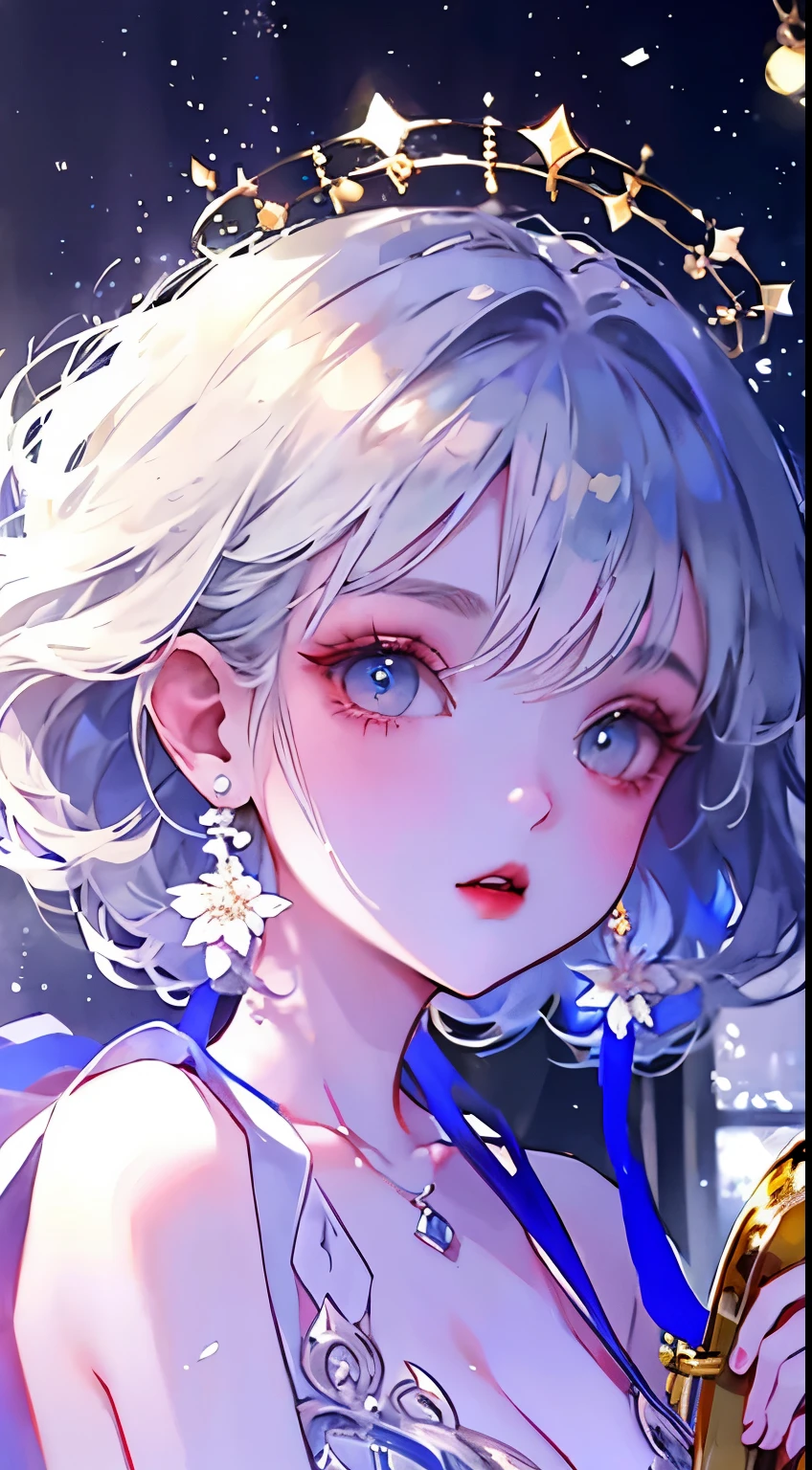 masterpiece, best quality, illustration, saxophone blue, platinum earrings, platinum necklace, white dress, 1 girl, Lovely, (Dynamic lighting:1.2), light, Exquisite facial features, delicate eyes, sharp pupils, realistic student, depth of field, Bokeh, sharp focus, (Super detailed, bloom, glow:1.4), many little gems
