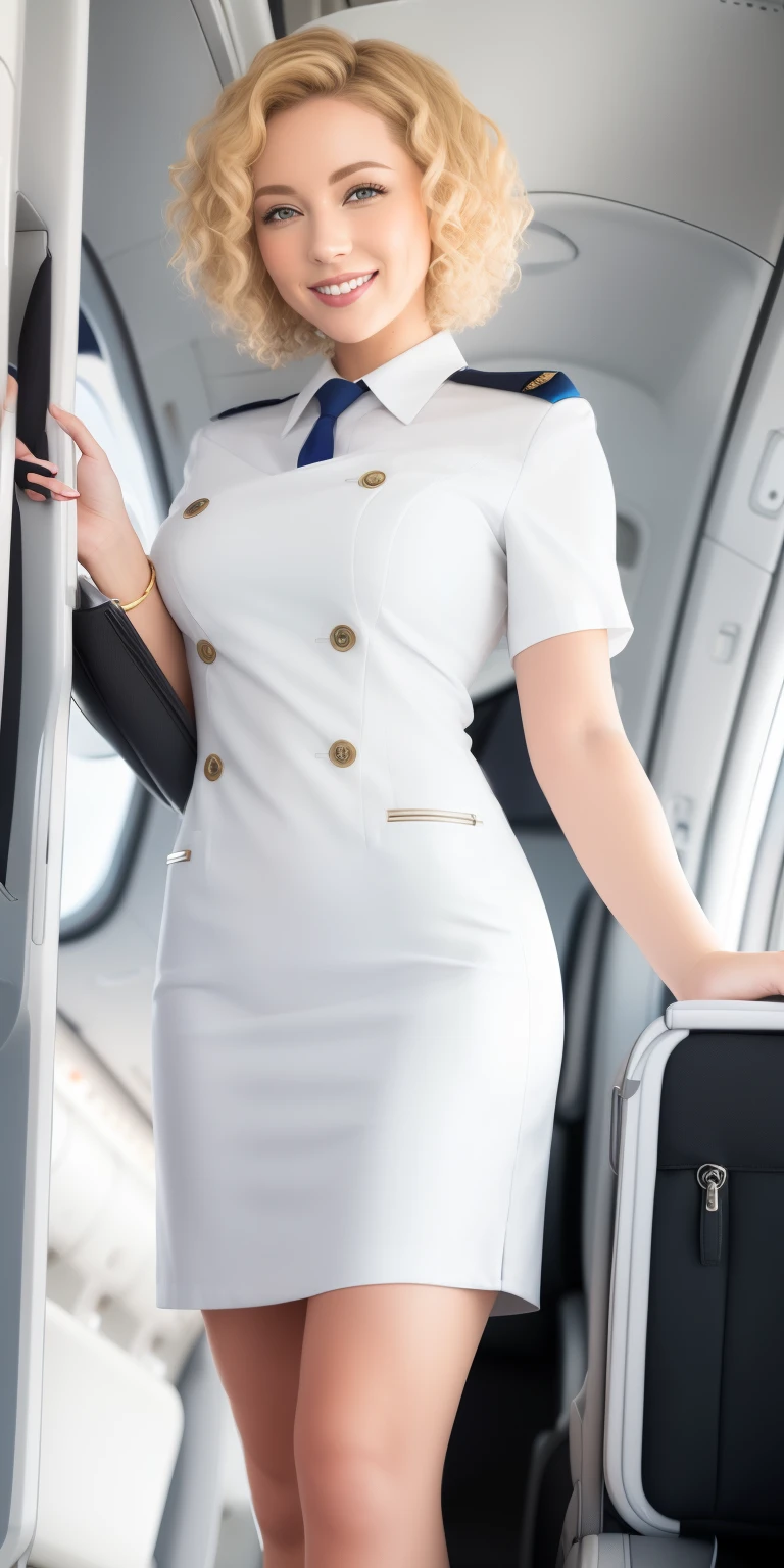 (white flight attendant uniform),I look at the viewer,smiling,happy,Curly blonde short hair, standing, Inside the aircraft,