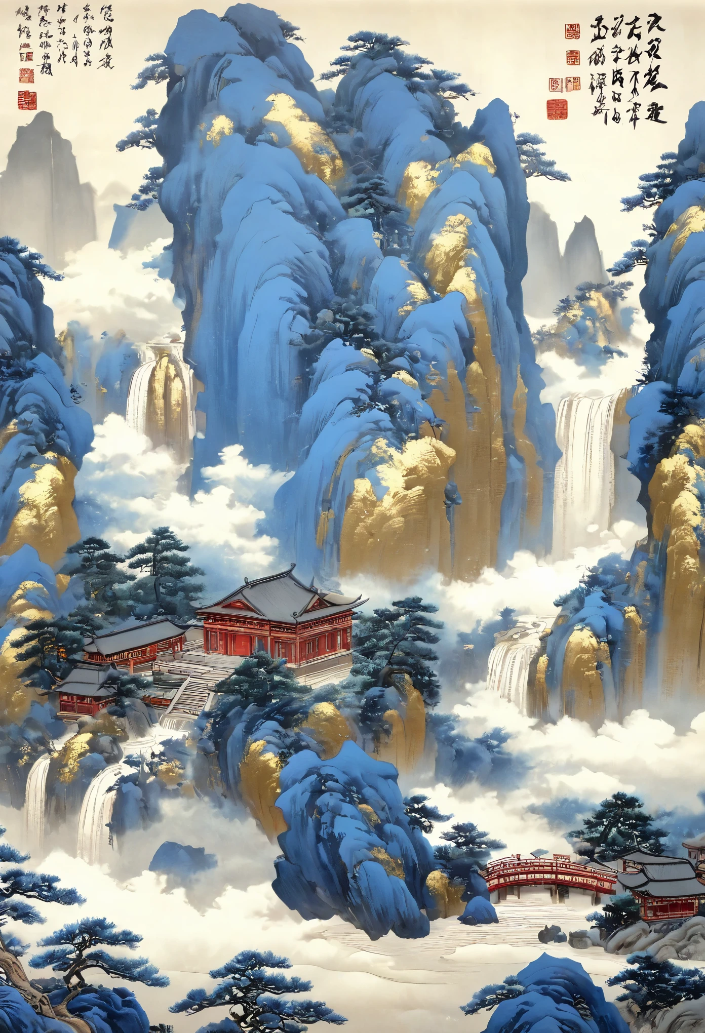 A majestic landscape painting，meticulous painting，Inspired by a thousand miles of rivers and mountains，Fuchun Mountain House Map，Expression techniques of cirrus clouds，flat illustration，traditional Chinese painting，Chinese landscape painting，Ancient Chinese buildings，cloud，vertical waterfall on cliff，Vigorous pine trees，fall，Takayama，black：137，mineral pigments，Ultramarine blue，Tracing gold，Clear outline，sketched，Dry drawing method