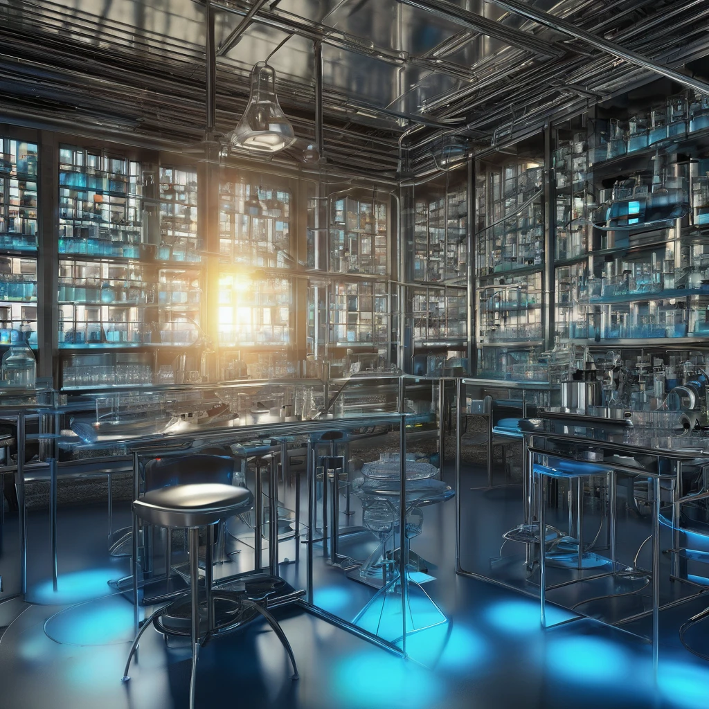 Tyndall Effect, aesthetic, extremely detailed, A serene science laboratory setting with a beam of light passing through a colloidal mixture to demonstrate the Tyndall effect, Photorealistic Image, a modern scientific research environment with lab equipment, glassware containing the colloidal particles, and a visible light beam showing the scattered blue light, Camera: EE 70mm lens, Shot: medium shot, Render Related Information: high resolution, detailed, soft natural light from a nearby window.