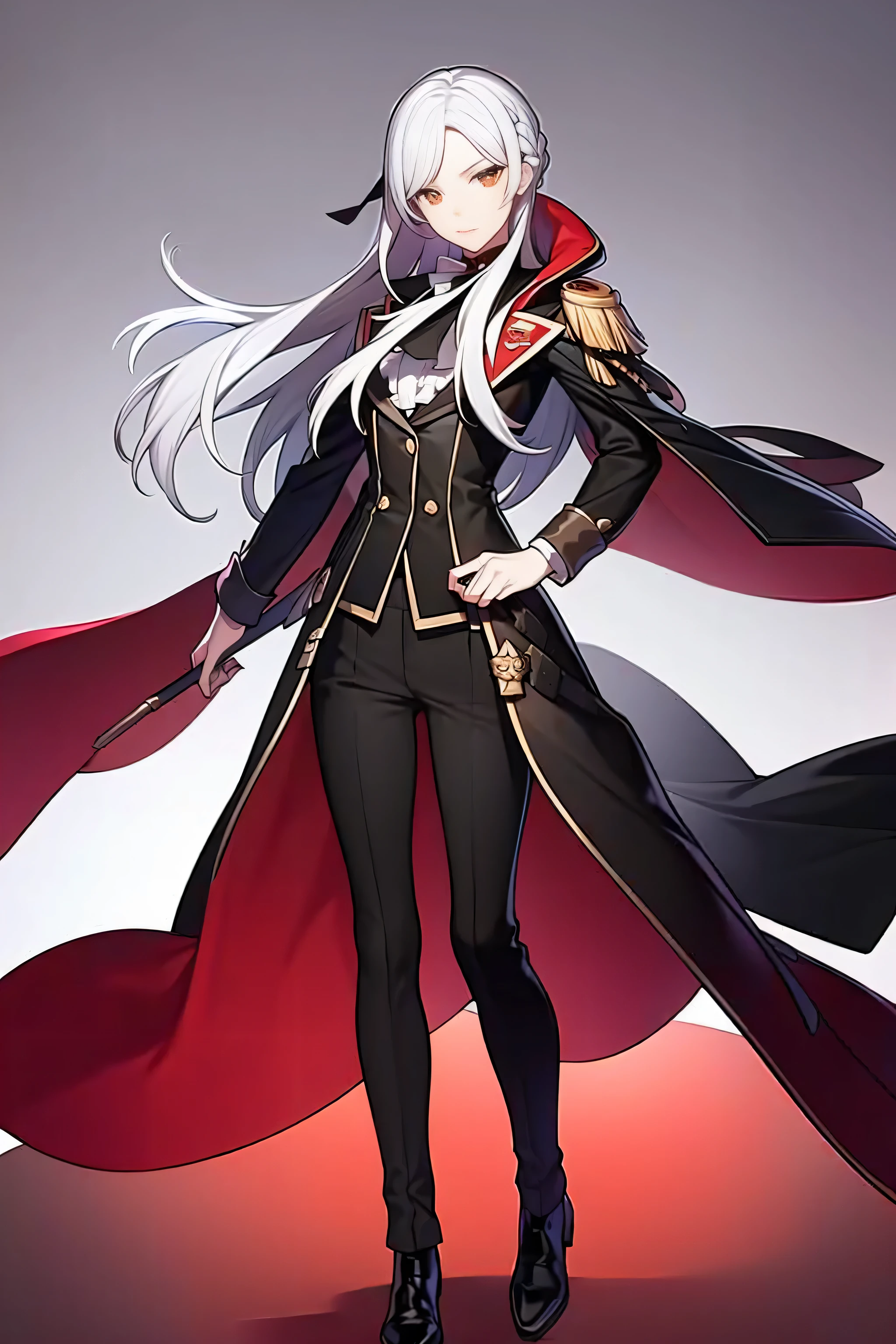 edelgard_academy, hair ribbon, black jacket, black dress, ascot, red cape, standing confidently, long white hair, full body picture.