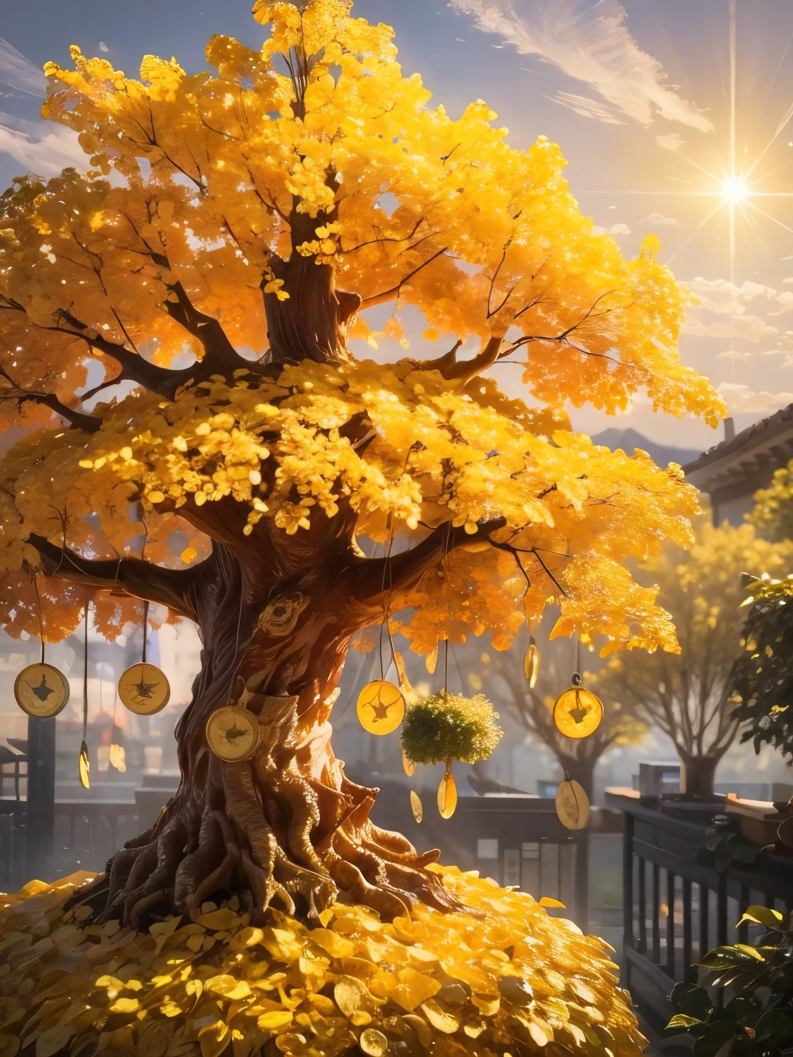 (masterpiece, best quality:1.2), Money tree in the forest，The sun shines on the money tree（ （（Sunset））），light warm（ （（充满阳光元素的masterpiece）））（（best quality））， （（intricate details））（8k）