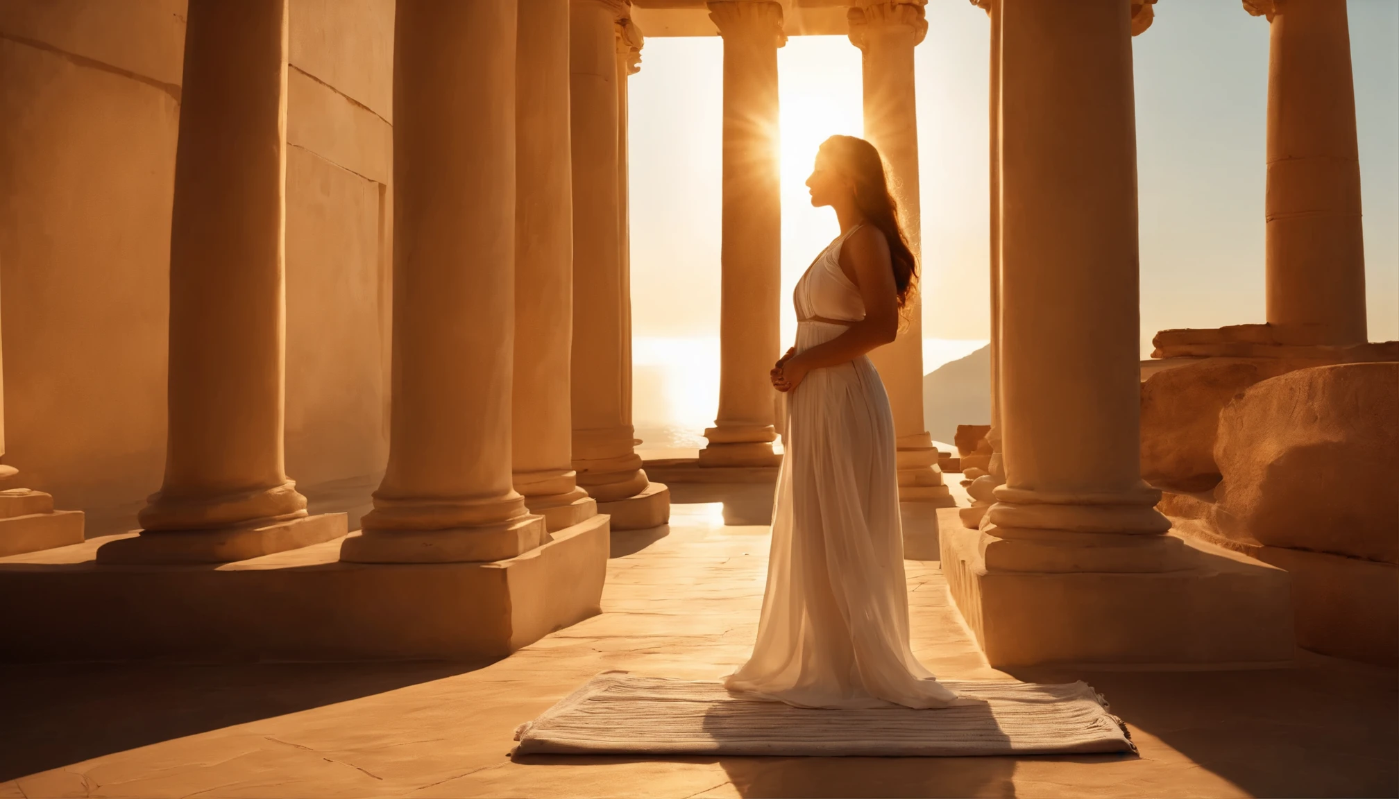 A brunette woman with long, braded hair in a meditative position, with closed eyes and hands in prayer, is depicted in this image. She is wearing a light and white dress, resembling the attire of a Greek princess. The tranquil and calm atmosphere is heightened by the sun's rising, which illuminates the scene in a clear and vivid manner. The sun's golden rays filter through the temple's ancient columns, casting a warm glow over the woman and adding a sense of serenity to the image. The temple, situated on the right side of the image, is a beautiful and intricately detailed Greek masterpiece, embellished with intricate carvings and