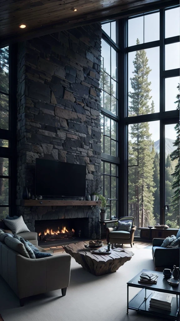 arafed living room with a stone fireplace and large windows, floor to ceiling window, epic natural light, 4 k ], 4k], inspiration, very cozy, modern rustic, big windows, fireplace, tall windows, dark interior, tall obsidian architecture, fire place roaring, dark and modern, beautiful interior, cozy environment, gorgeous view, floor - to - ceiling windows