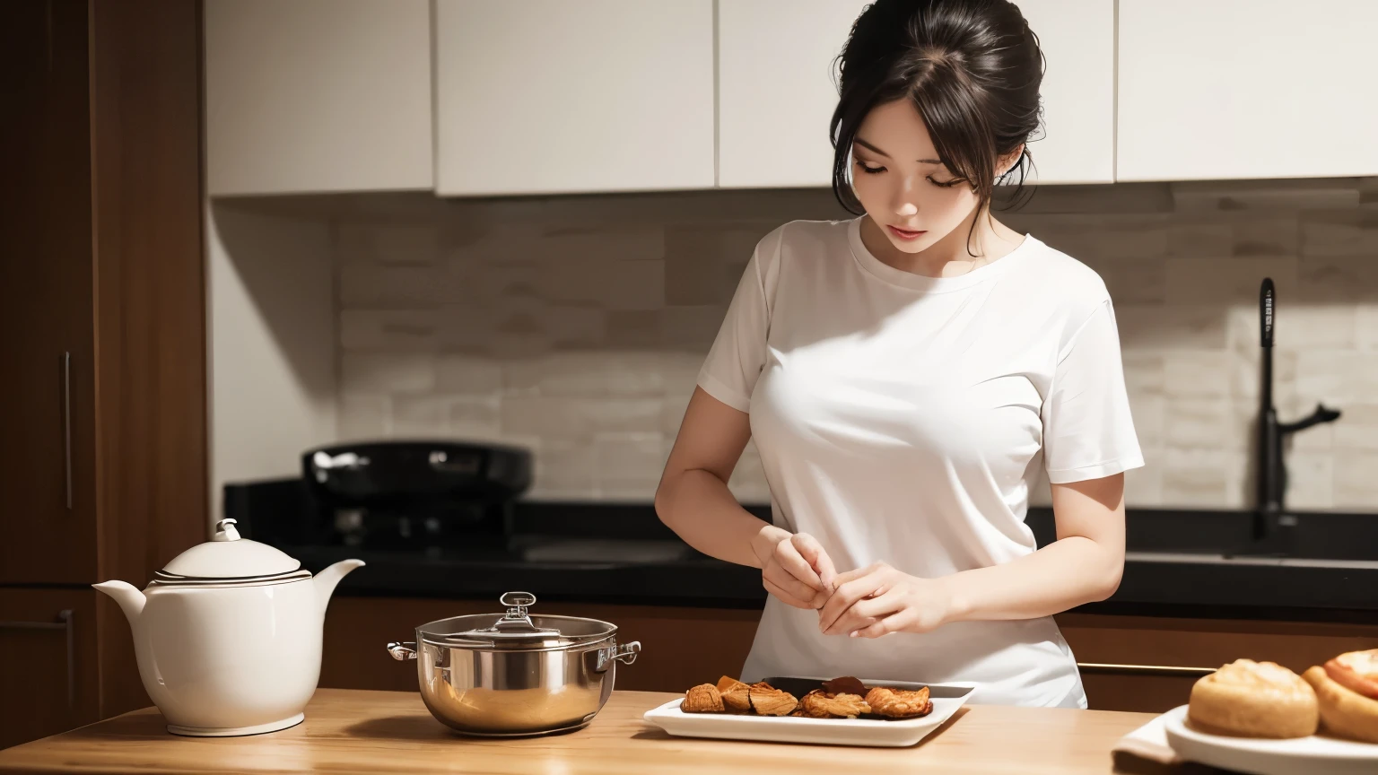 ((Masterpiece, best quality)), (1 female mother), (alone), cooking in the kitchen , The page is very detailed., real picture, Real white skin, realistic body,complicated details, serious , brown eyes, Looking at the casserole, ,black hair, Short sleeve shirt