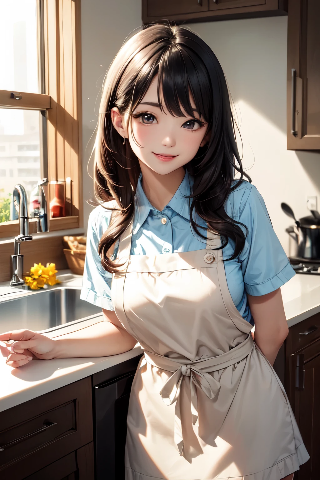 very cute and beautiful girl cooking in kitchen,,(highly detailed beautiful face),
standing,cowboy shot,yellow and white floral frilled apron on white blouse,blue skirt,
looking at viewer,(smile),black hair,
(best quality,masterpiece:1.2),absurdres,highres,ultra-detailed,extremely detailed,32k,8k resolution,
intricate details,cinematic scene,detailed background,solo,dynamic angle,