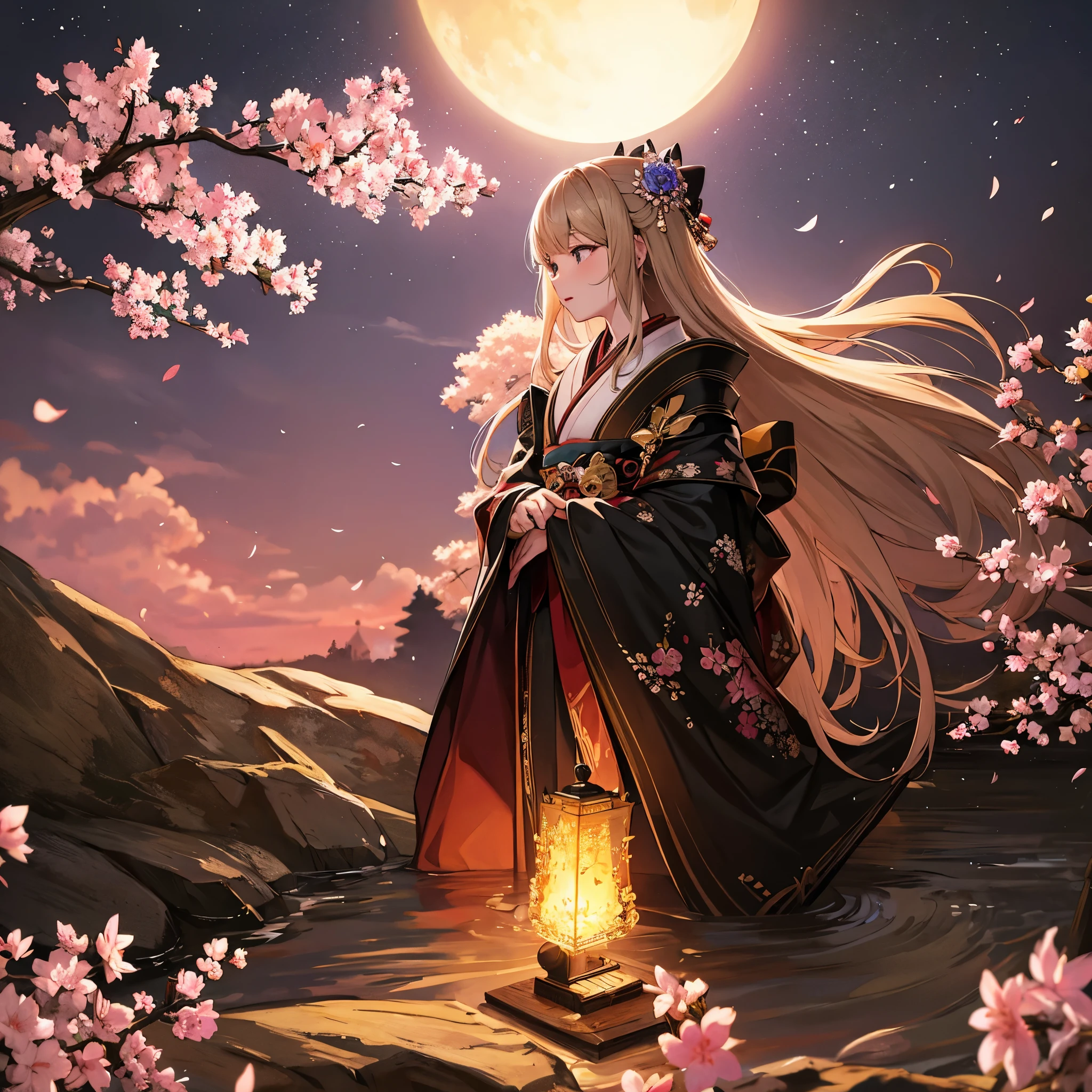 An ultra-high picture quality, Super Detail, 超A high resolution, Midnight, Many lilies and cherry blossoms illuminated by moonlight on the high ground of the town, Landscape painting, Samurai Man,woman wearing the kimono,Pencil drawing art, Delicate and detailed composition, Professional Lighting