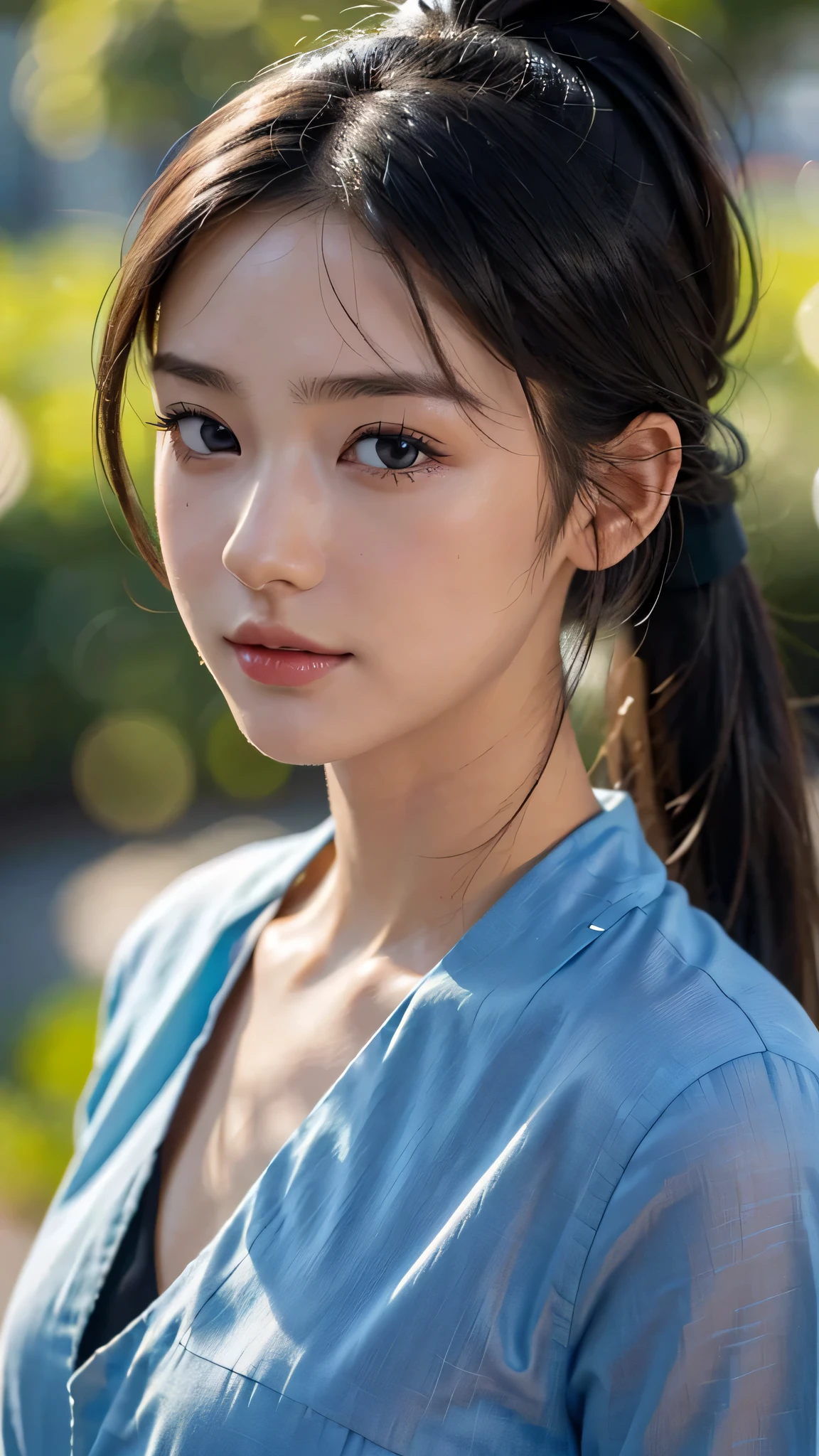 One woman,fully body photo,masutepiece, The highest image quality, High quality, the background is clear，Beautiful woman, Japanese, Detailed, Detailed eyes, Detailed skin, Beautiful skin, 超hight resolution, (reality: 1.4),Very beautiful woman, Slightly younger face, Beautiful skin, slender, (Ultra photo realsisim), (hight resolution), (8K), (Very detailed) (beautifully detailed eyes), (super detailed),   (Detailed face), view the viewer, Fine details, Detailed face, Staring straight ahead, Staring straight ahead, photos realistic, Bright lighting, Professional Lighting, Black hair,poneyTail,a baby face,sixteen years old,Hairstyle is ponytail,long ponytail hairstyle,slight smile,cute clothes、