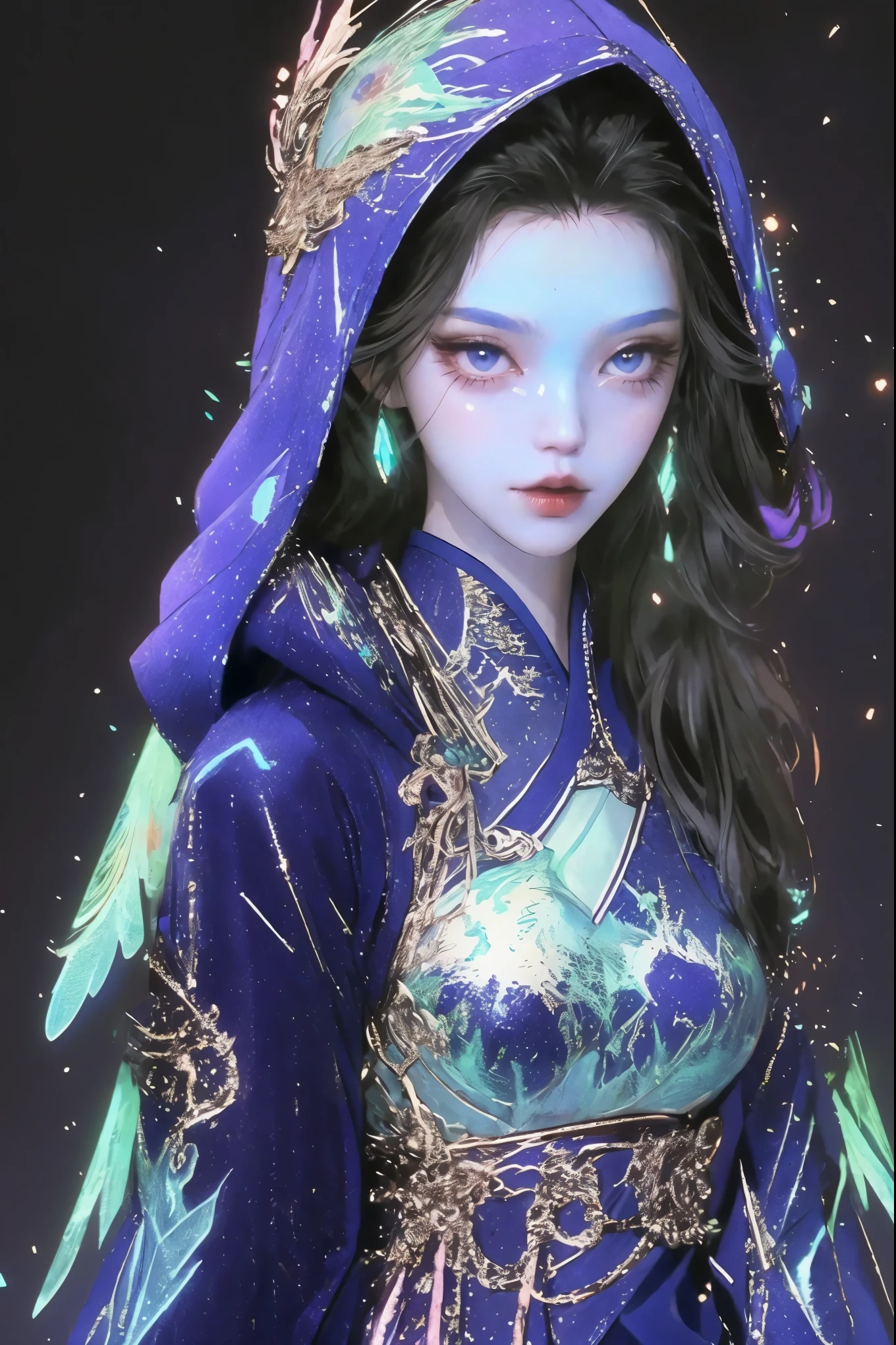 1 girl, masterpiece, Very detailed,A man dressed in blue, Astral Witch Clothes, flowing magic robe, Wear your dreamy formal attire, full body xianxia, cotton cloud mage robes, clothes themed on a peacock mage, ((beautiful fantasy queen)), fantasy costumes, fantasy robe, Beautiful celestial mage, Astral Fairy, dark background, looking at the audience, long skirt, shoe, footwear, collar, Black_Gloves, diaphragm, hooded, crops_top, hoodie, Black_skirt, sports shoes, cyberpunk characters, cropped_dress