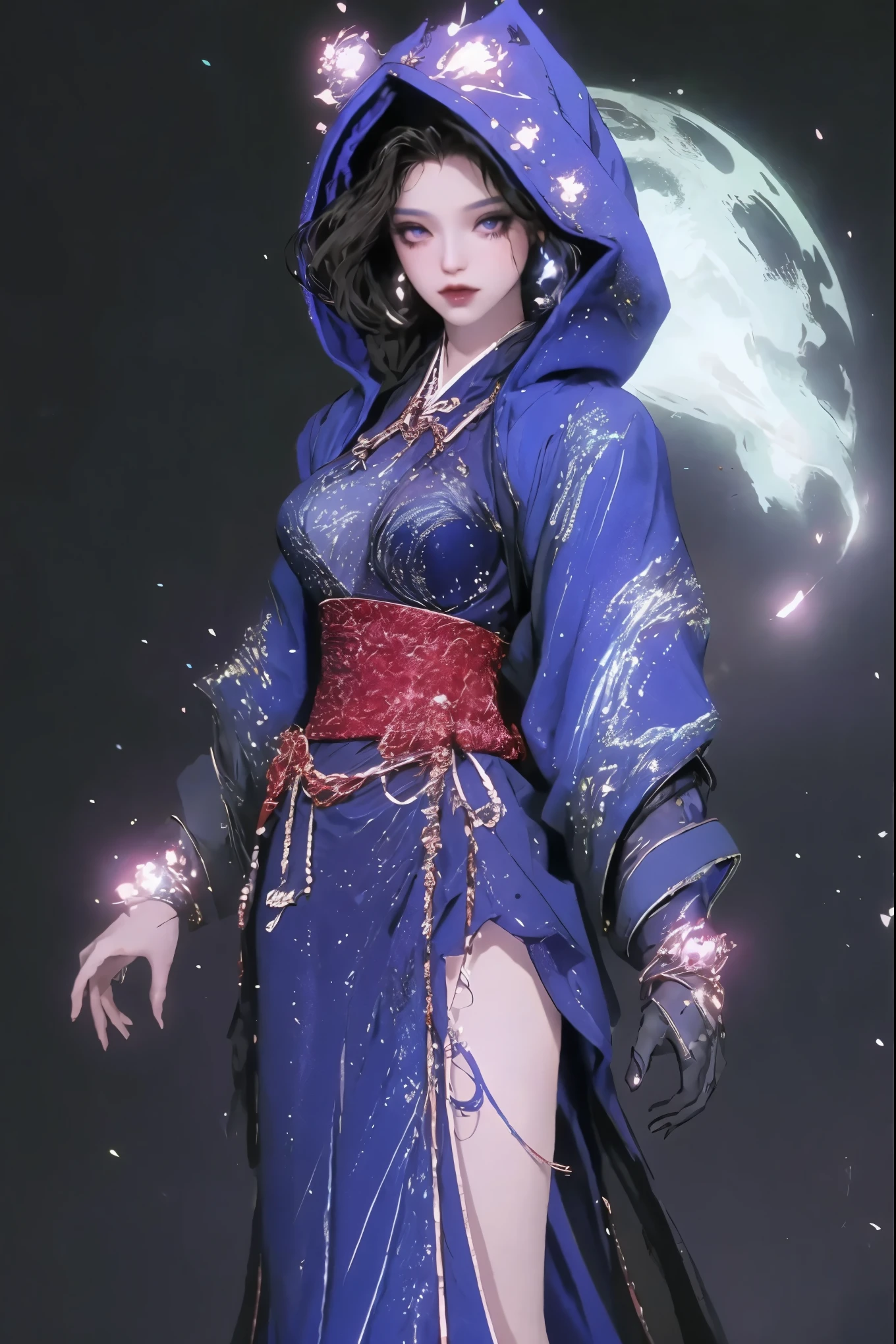 1 girl, masterpiece, Very detailed,A man dressed in blue, Astral Witch Clothes, flowing magic robe, Wear your dreamy formal attire, full body xianxia, cotton cloud mage robes, clothes themed on a peacock mage, ((beautiful fantasy queen)), fantasy costumes, fantasy robe, Beautiful celestial mage, Astral Fairy, dark background, looking at the audience, long skirt, shoe, footwear, collar, Black_Gloves, diaphragm, hooded, crops_top, hoodie, Black_skirt, sports shoes, cyberpunk characters, cropped_dress