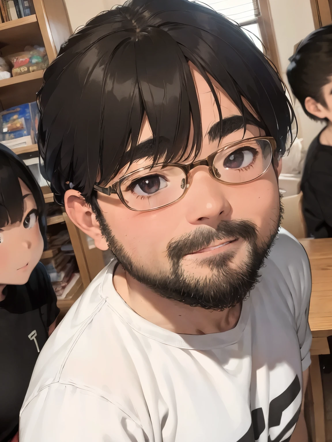 highest quality,1 boy,yossan,Glasses、indolent beard、beard, thick eyebrows、 black shirt, pose for a photo,simple background,、short hair,anime