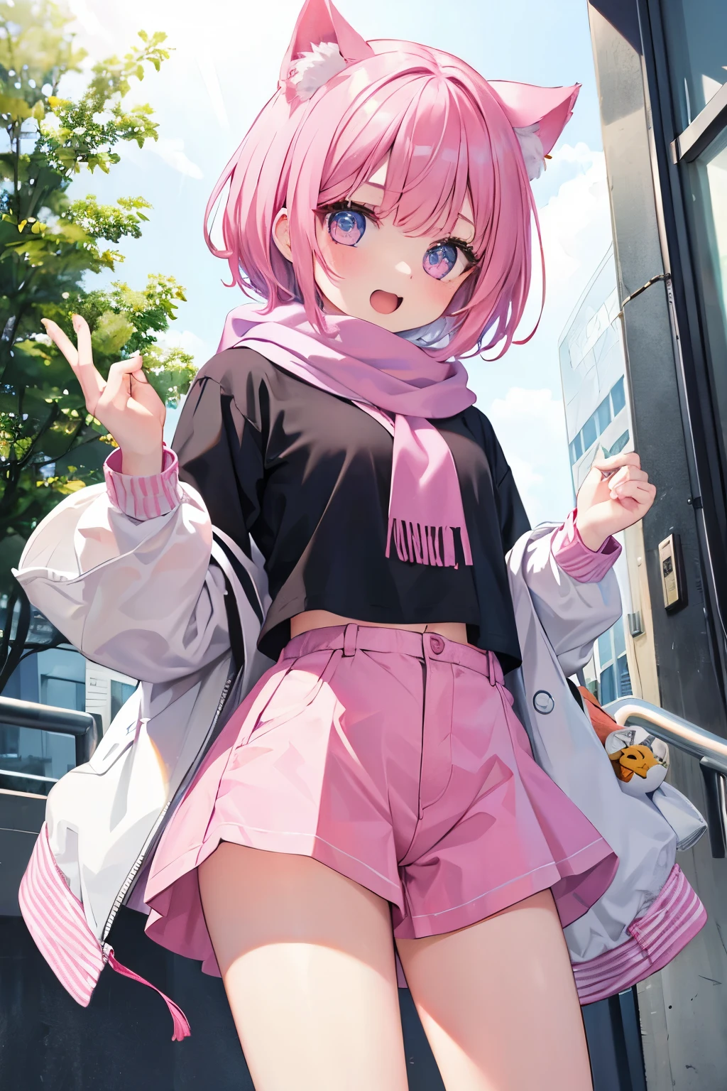 Very beautiful and shining eyes、shining eyes、1 girl、small breasts、big mouth、high school girl、small breasts、Cat ear、Transparent pink short hair、scarf、hot pants、transparent clothes、childish clothes