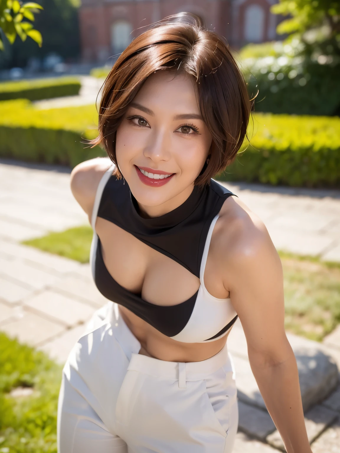 （38 years old), （black sleeveless shirt:1.2）,（white wool pants）、 double eyelid, eyelash, Red lip gloss, (smile:1), ((close your eyes:0.85)), (looking at the viewer、Are standing), (From above:0.2)、尖ったred mouth、(reddish brown wet shiny short hair),red mouth,clavicle、 (Photoreal:1.3),(RAW photo）,(woman standing in front of an old castle, Beautiful lawn, Squirting, Bright sunlight in the city of Modena, Italy) , 8k, Super detailed, highest quality, rough skin, anatomically correct, masterpiece , highest quality, cinematic lighting, Use perspective throughout , surrealism , ,(realistic:1. 3),(RAW photo) , black hair, light smile, short hair, bob cut, anaglyph, stereogram, (mature woman:1), (38 years old), ((close:0.5)), glare, double eyelids, lip gloss, (smile:1), ((close your eyes:0.85)), red mouth, clavicle, ((looking at the viewer)), (short hair of reddish-brown color wet and shiny,), (I can see the whole body) , Slightly thick body type , I opened my eyes wide. , perfectly round eyes , fine texture